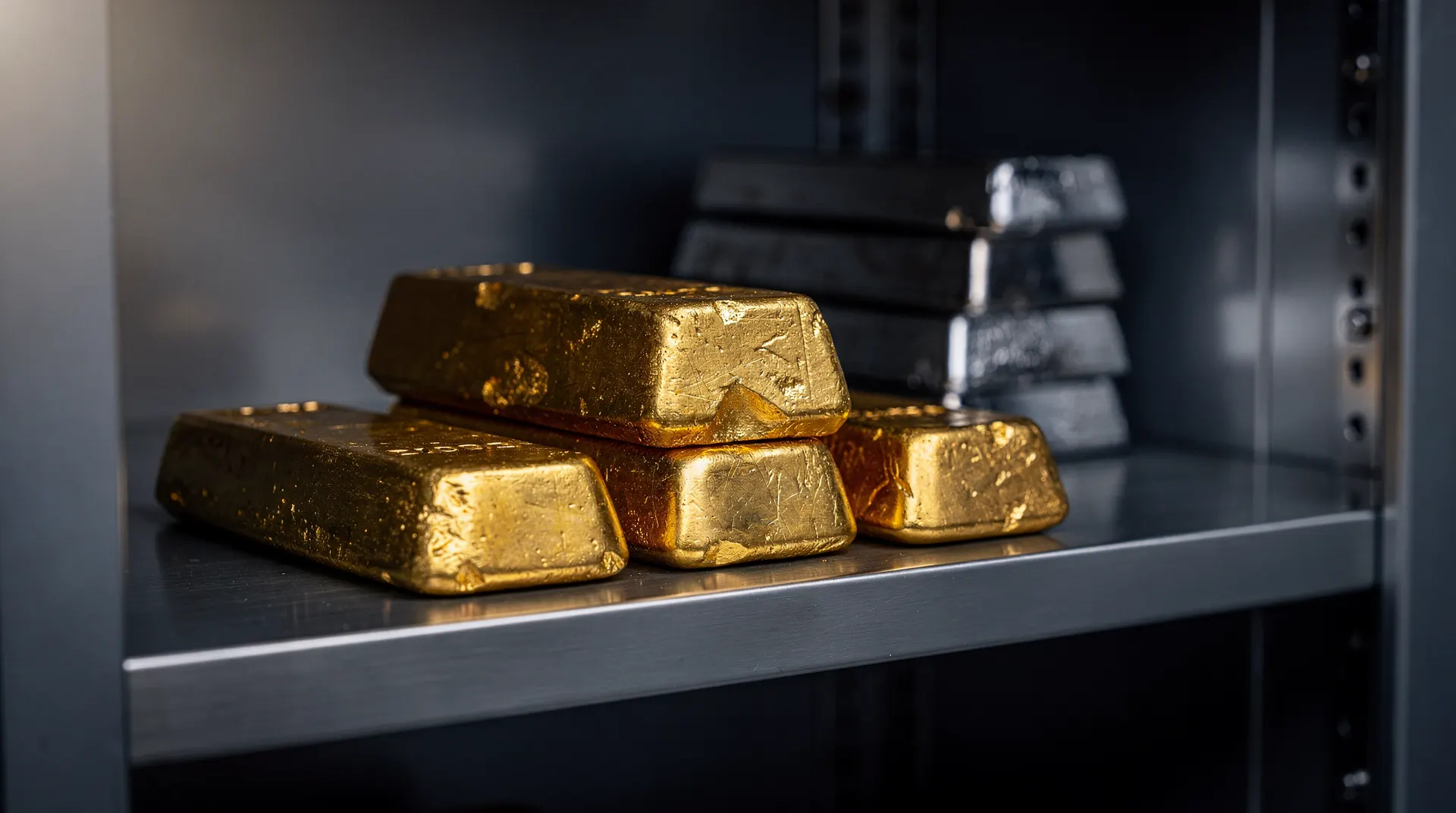 Unmarked gold bars sit in sharp focus on a vault shelf, with silver bars behind them.
