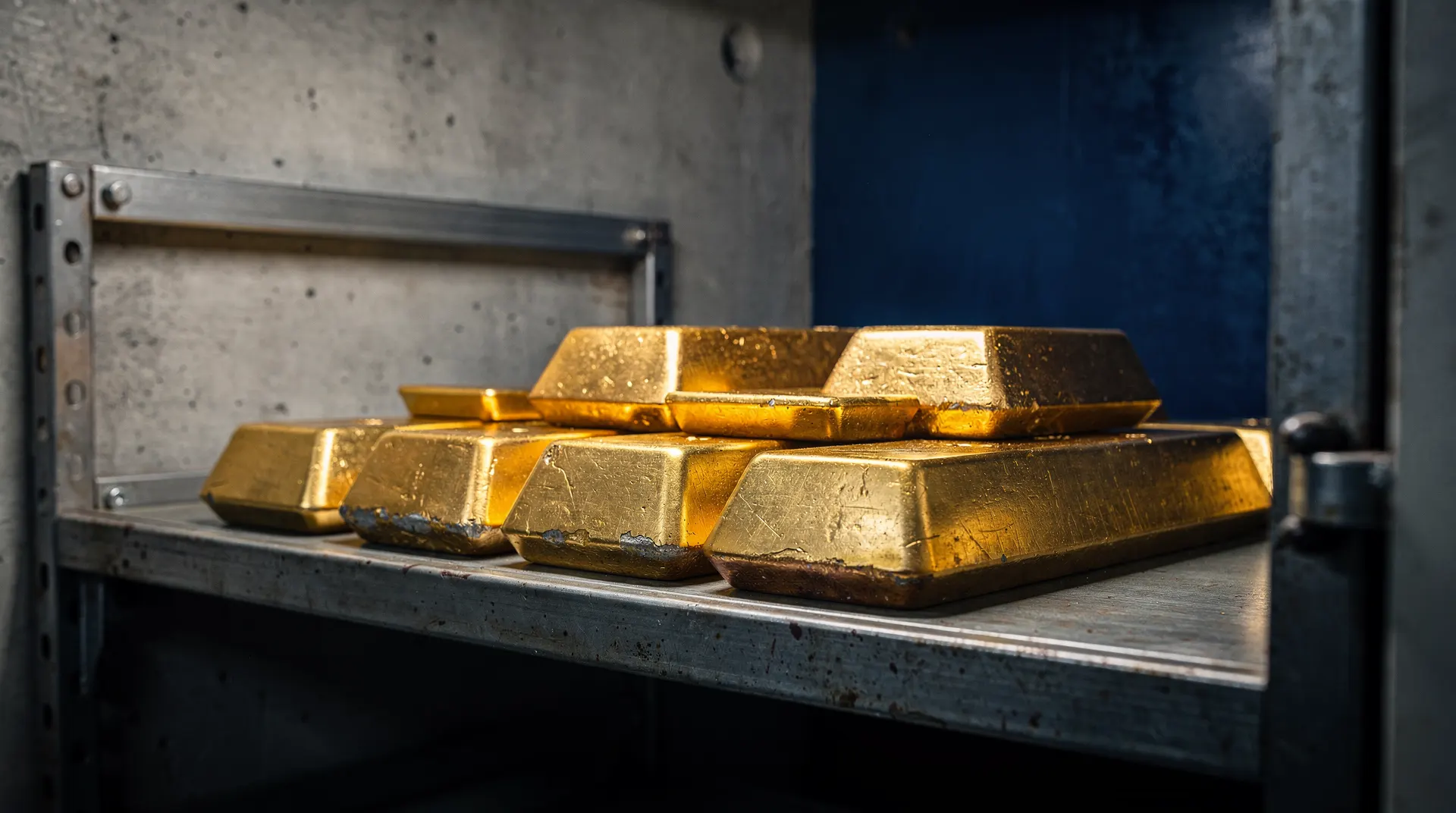 Unmarked gold bars rest on a shelf inside a dimly lit vault.