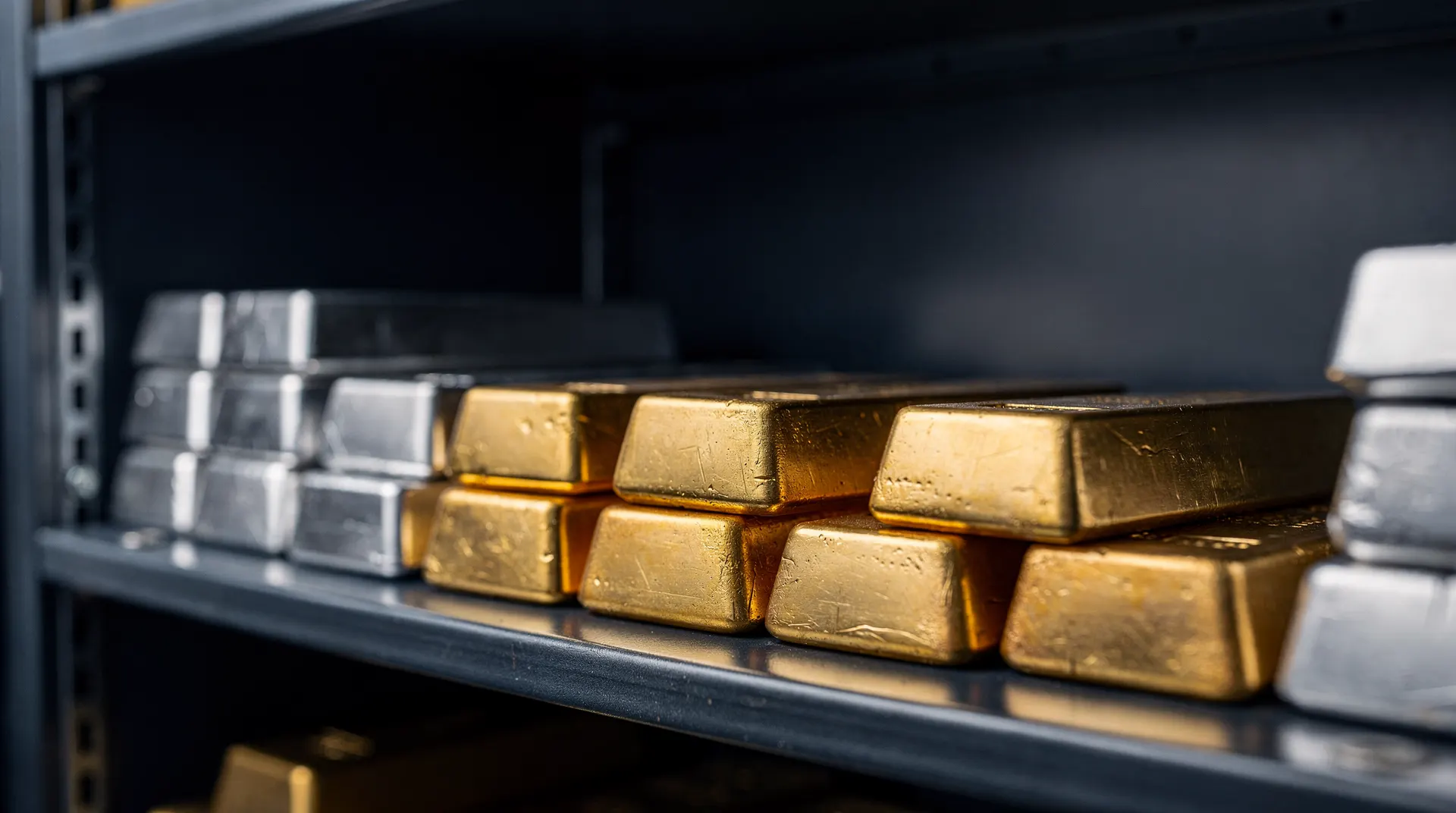 Unmarked gold bars sit in front of silver bars on a dimly lit vault shelf.