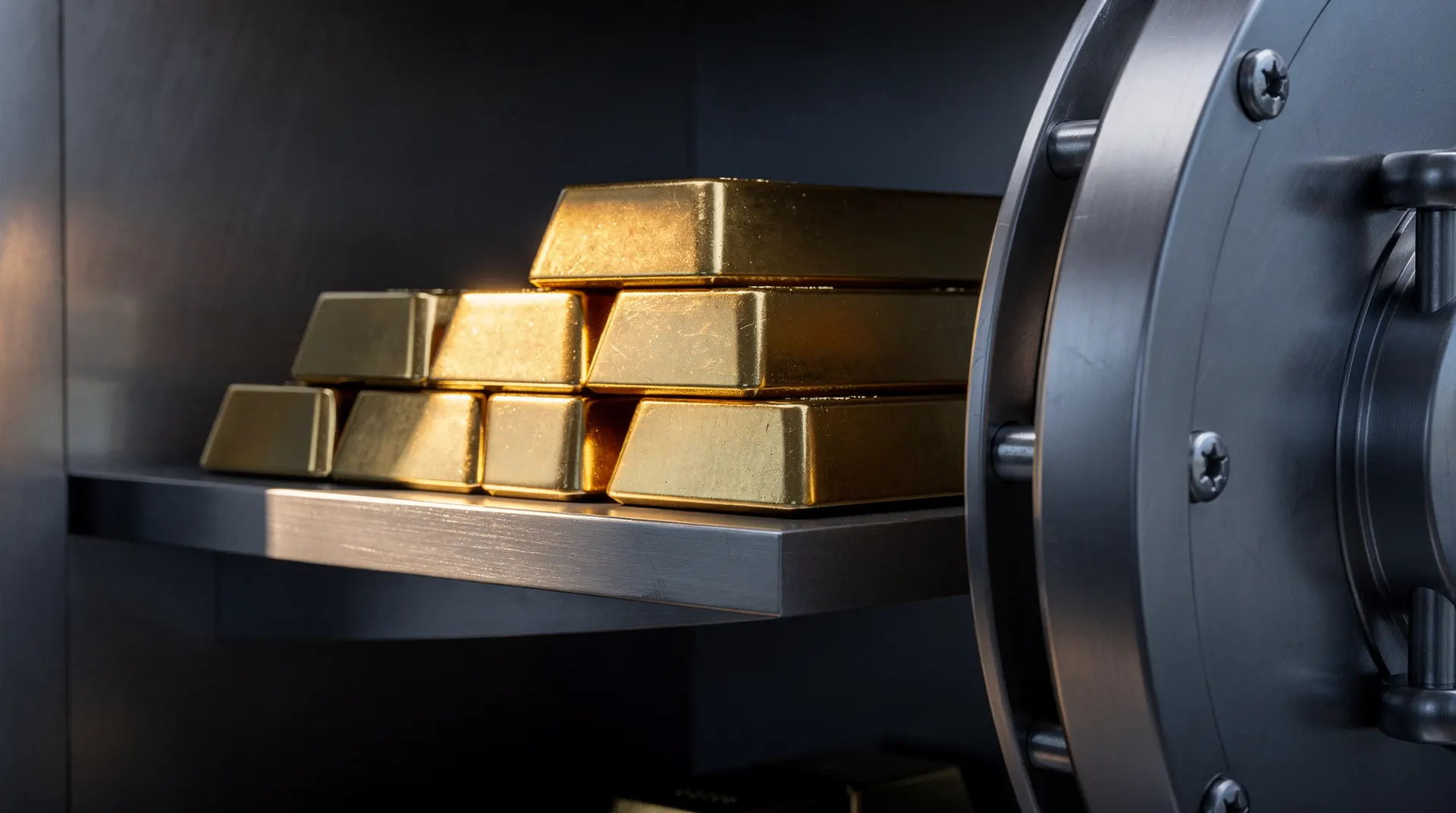 Unmarked gold bars on a vault shelf, partly shaded by a heavy door.
