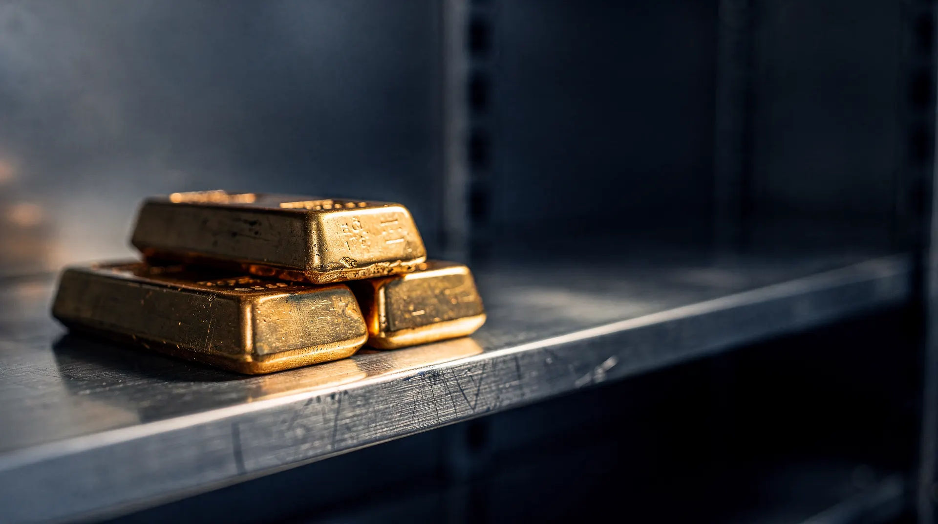 A small stack of gold bars rests on a metal shelf in a dim vault.