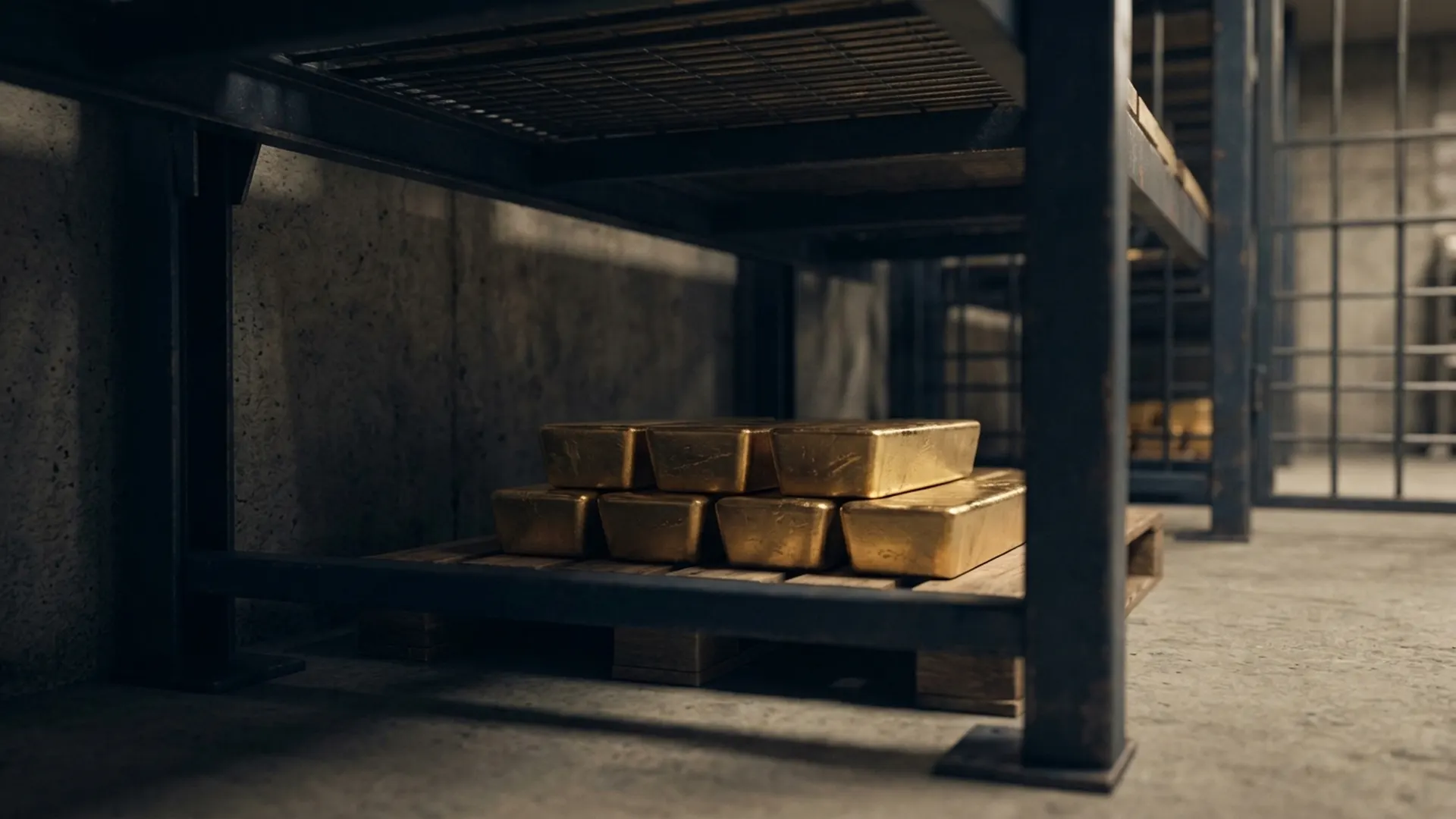 Unmarked gold bars catch warm light beneath a dark metal shelf in a vault.