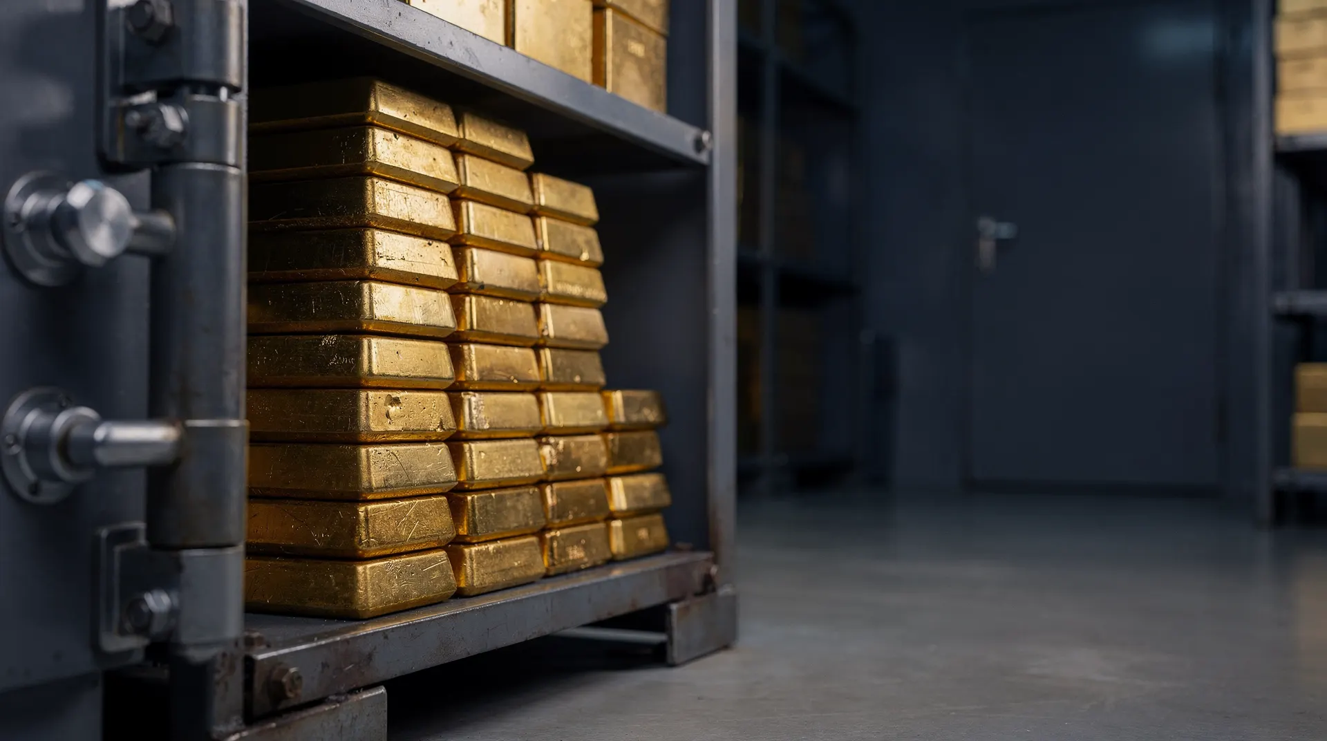 Unmarked gold bars stacked on steel shelving inside a dim vault.