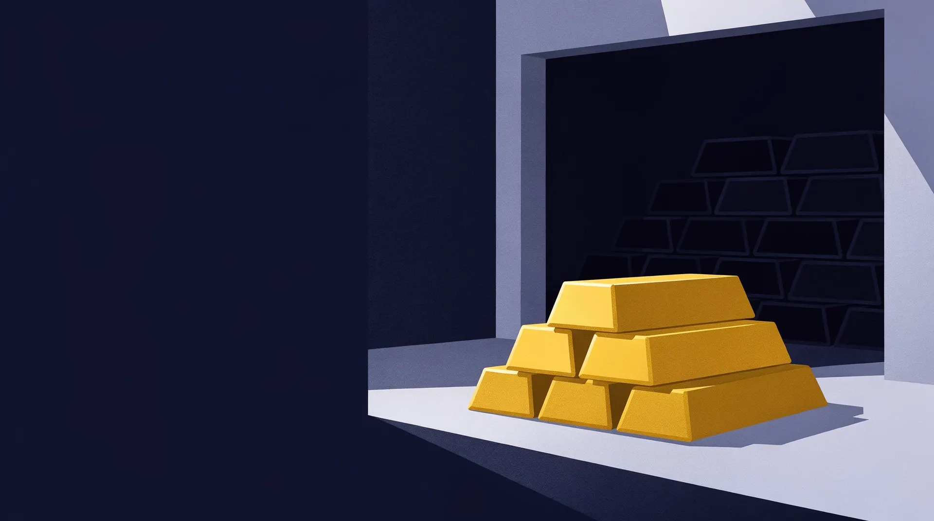 Unmarked gold bars rest on a vault shelf, lit warmly against dark shelves.