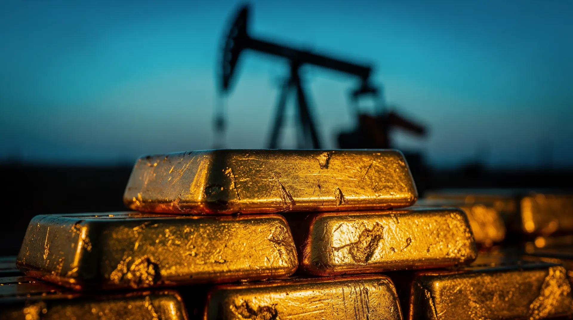 Stacked gold bars glowing under warm light beside a dim, weathered steel oil barrel