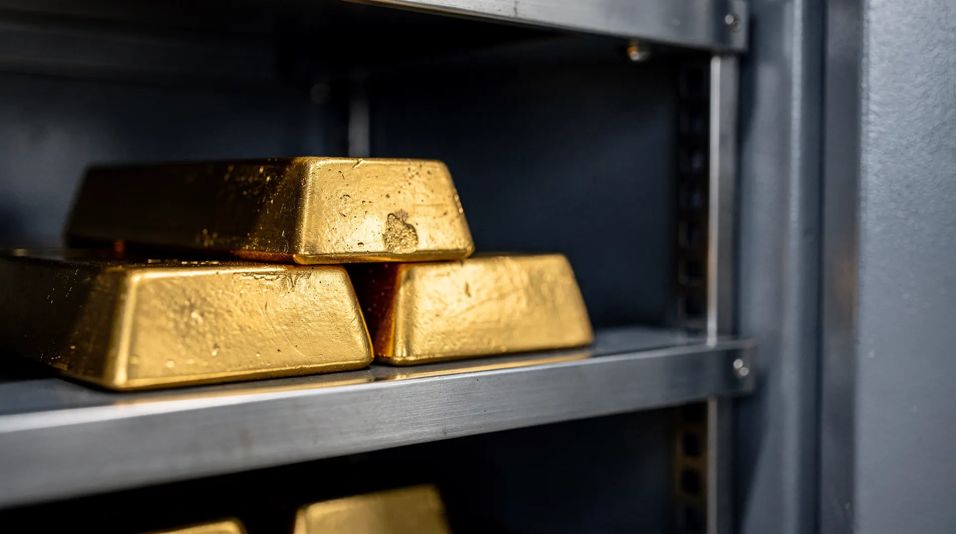 Unmarked gold bars rest on a steel shelf inside a dimly lit bank vault.