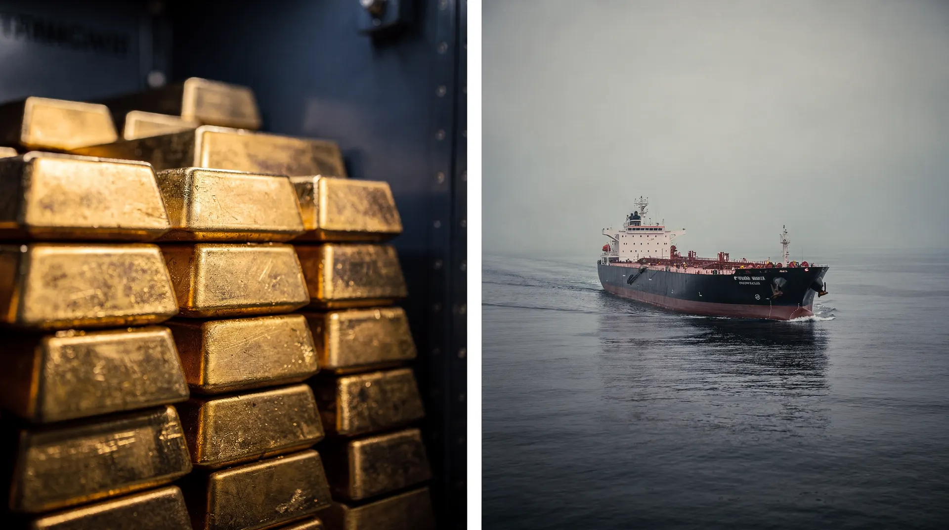 Gold bars glow in a vault beside a view of an oil tanker at sea.