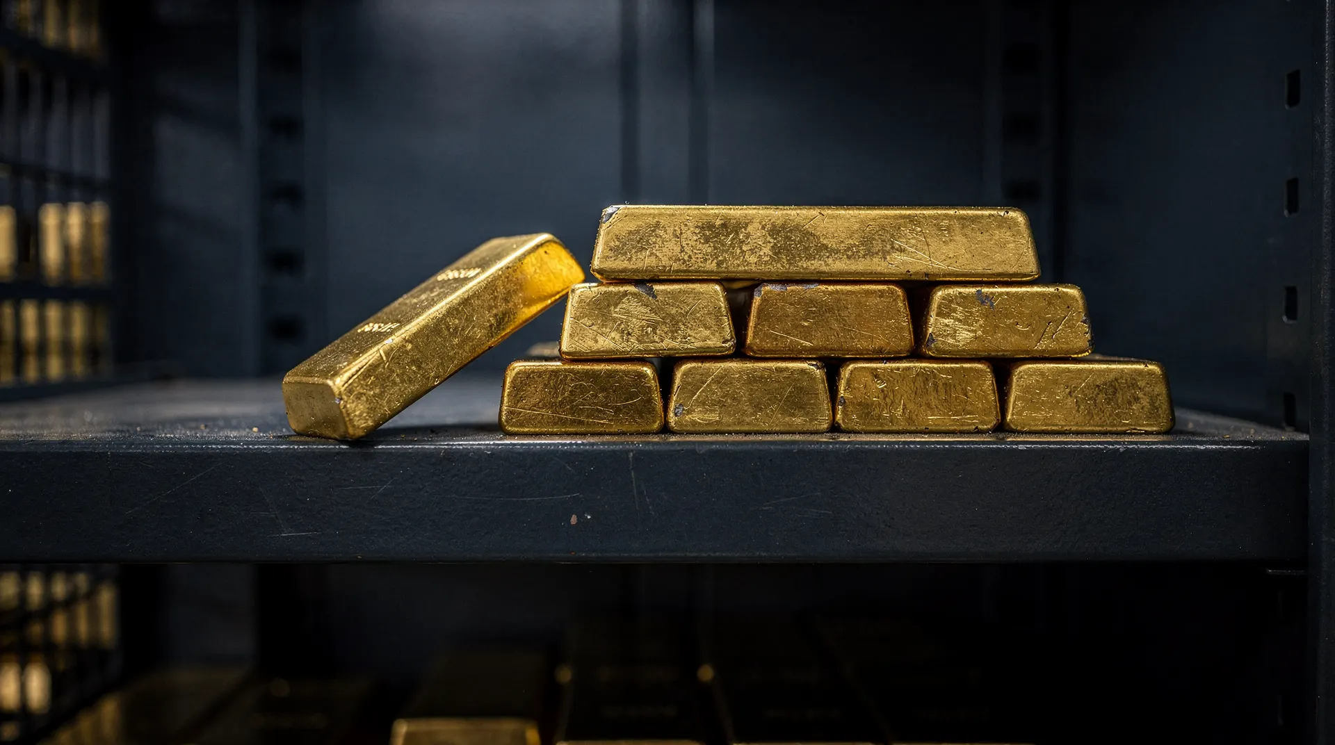 A gold bar rests apart from a stack of bullion on a dimly lit vault shelf.