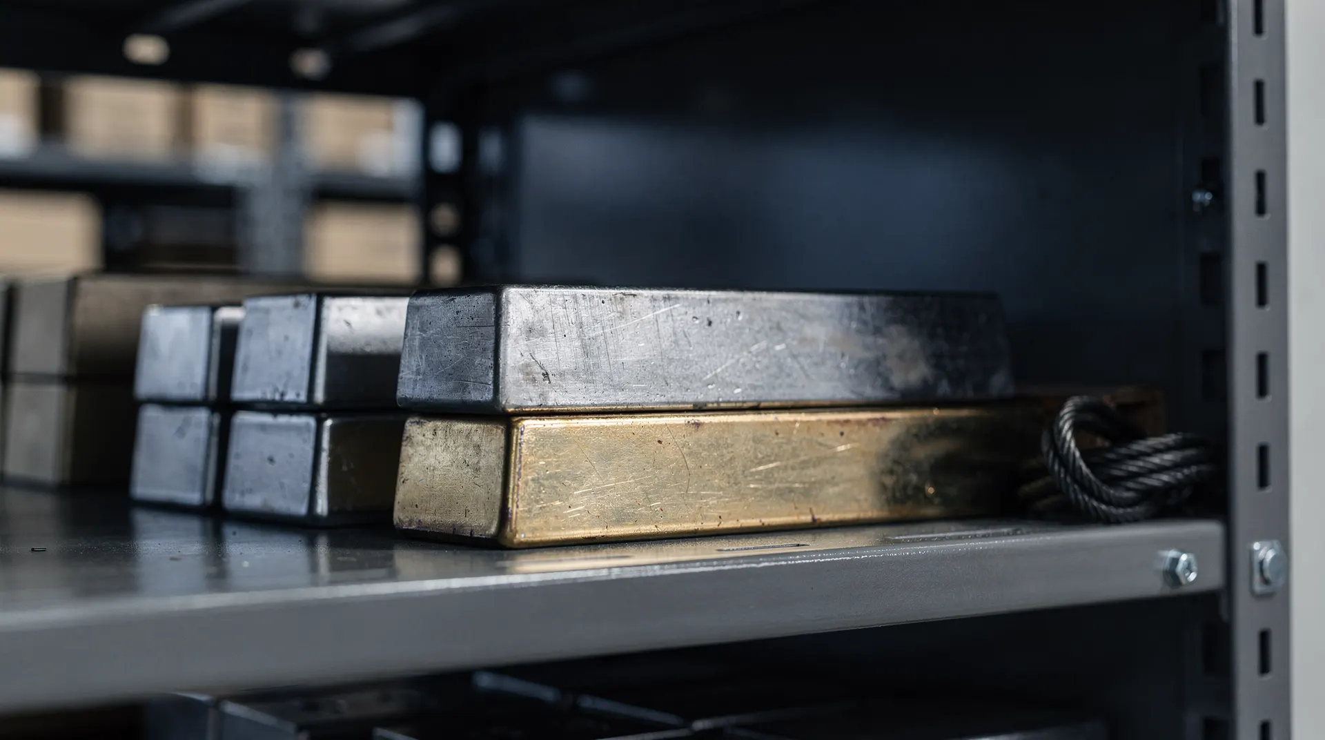 A gold bar and silver bars rest on a dark shelf, with crude oil and a copper coil softly blurred behind them.