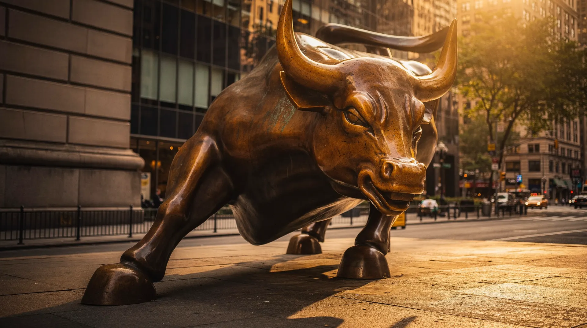 Wall Street Charging Bull statue with dramatic lighting conveying market pressure