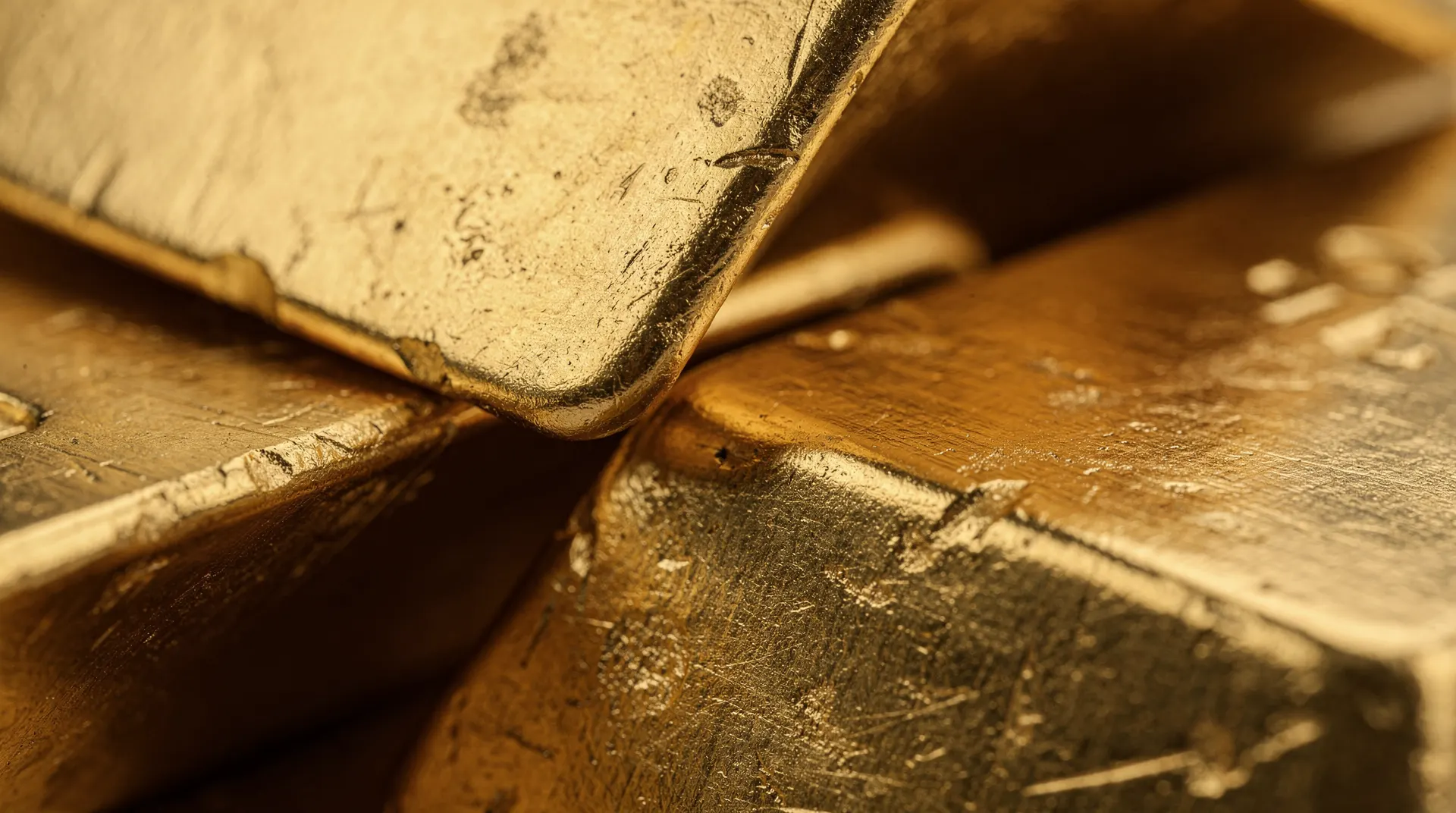 Several gold bars stacked precariously on a dark surface, one slightly toppled, symbolizing falling value.