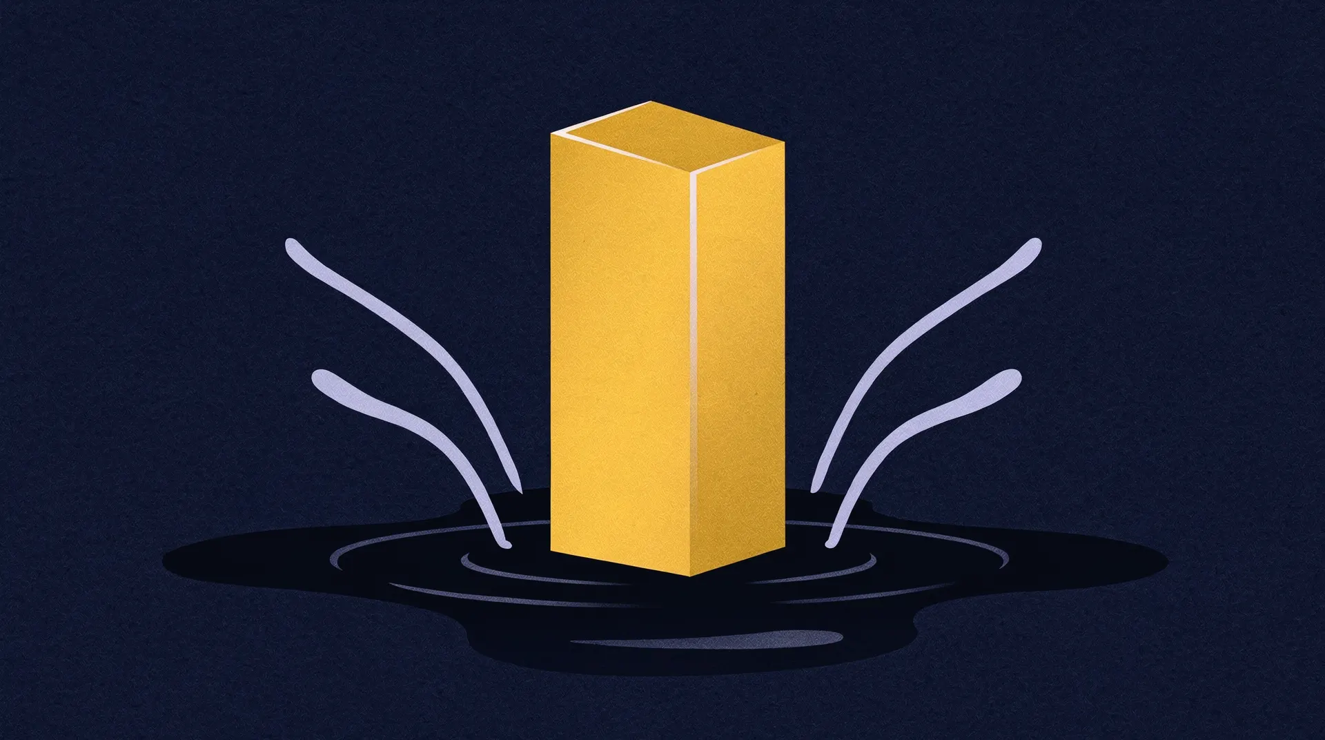 An isometric illustration of a tall, shimmering gold bar emerging from a dark, oily pool, with liquid splashing upwards.