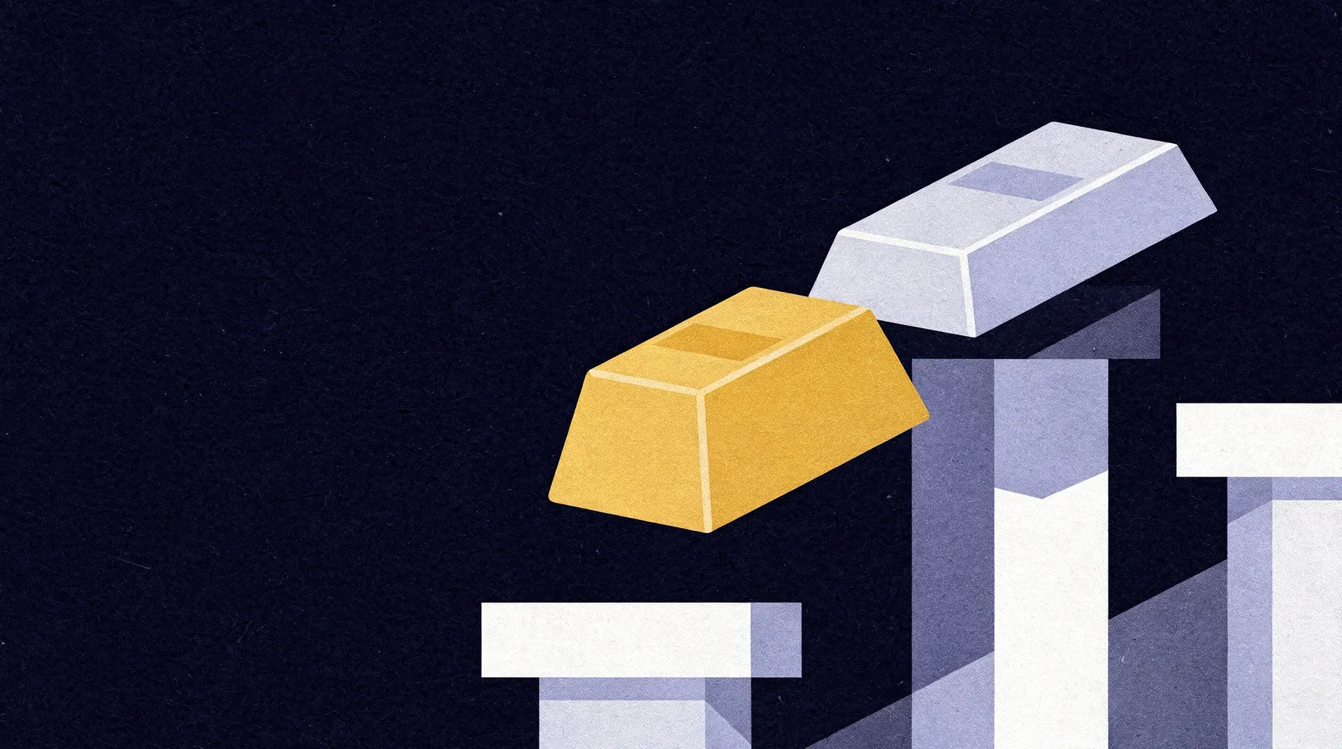 Illustration of a gold bar and a silver bar resting on top of abstract, rising bar graph elements against a dark background.