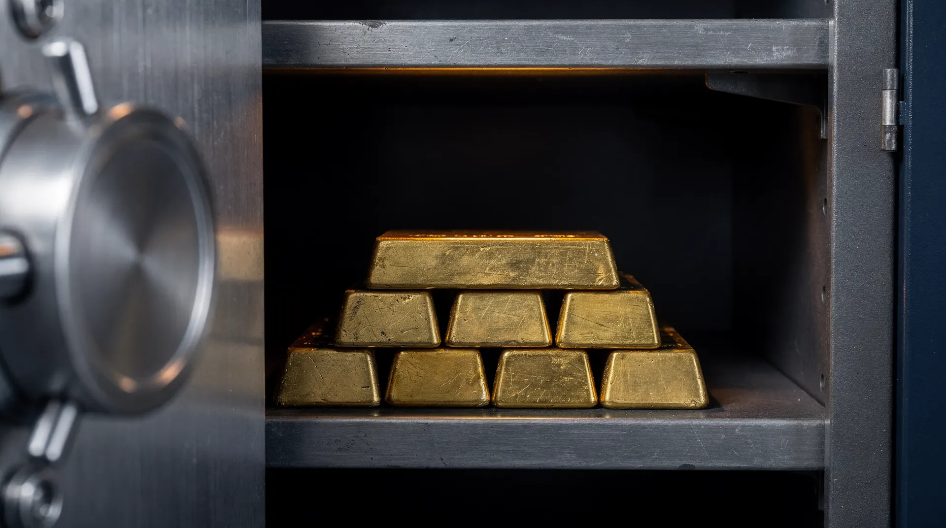 Unmarked gold bars sit tightly framed between metal shelves inside a dim vault.
