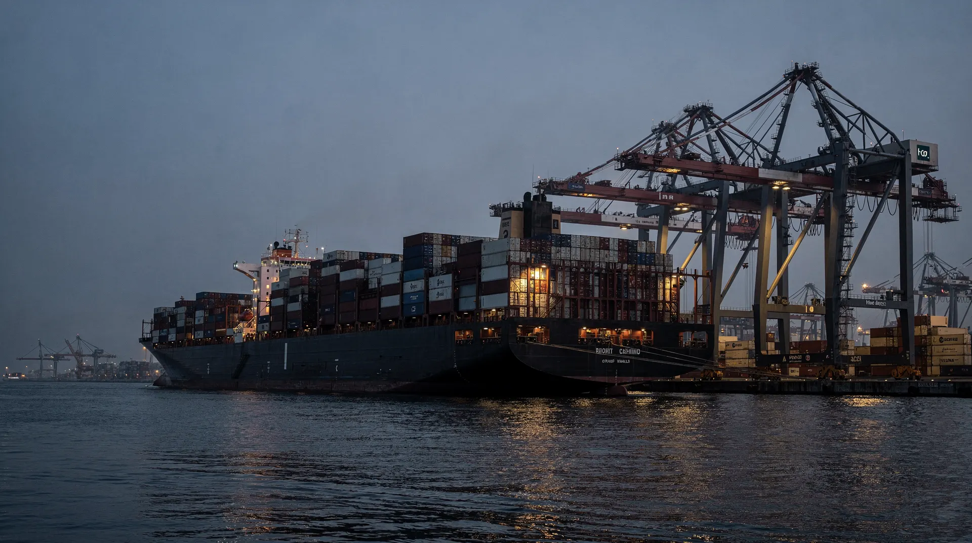 Container ship at a port with cranes and freight containers
