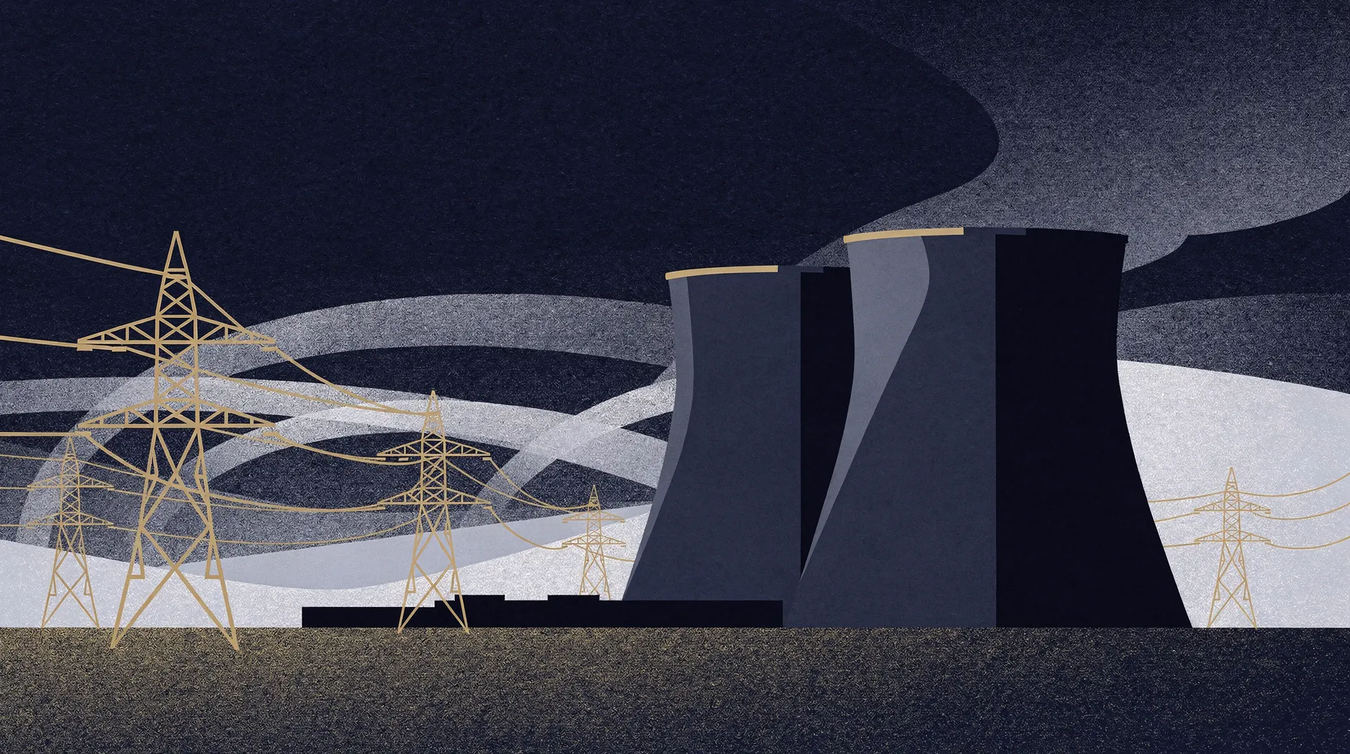 Cooling towers and transmission lines at an operating nuclear power plant at dusk.