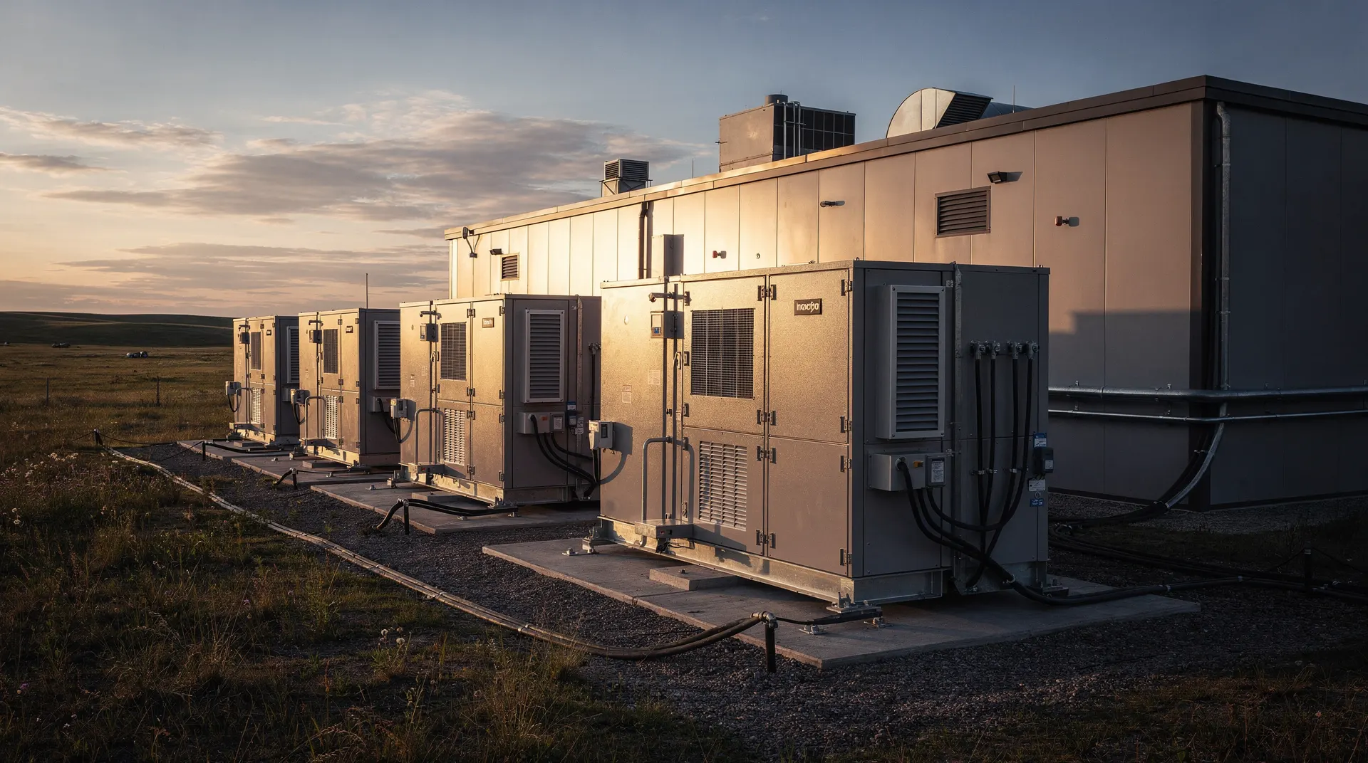 Outdoor fuel-cell units stand beside a low data-center building on open prairie at dusk.