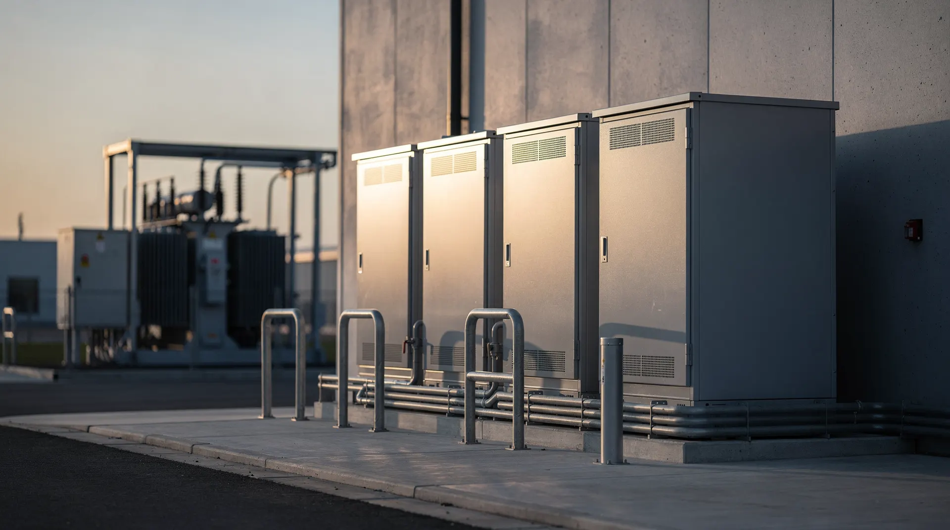 Commercial battery cabinets stand beside an industrial building, with electrical equipment behind them.