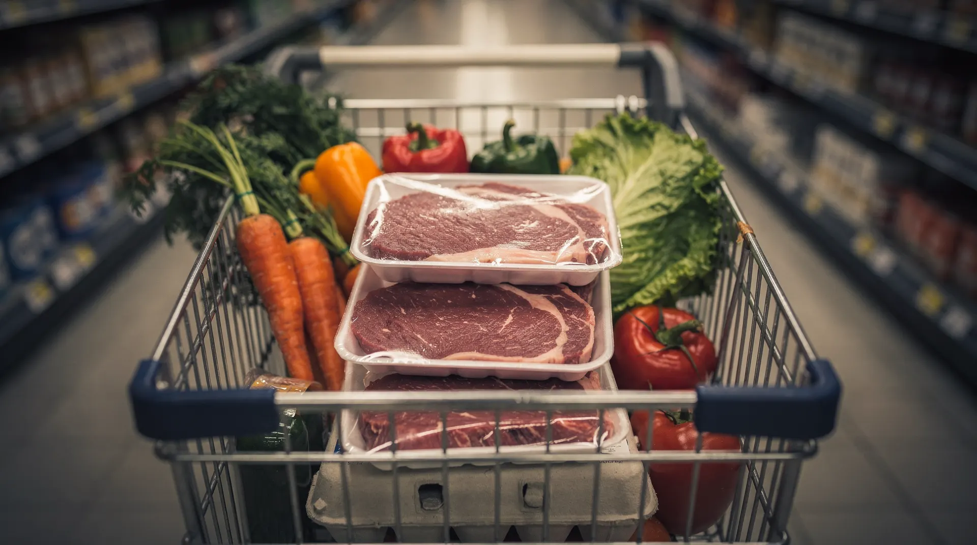 Cuts of beef sit beside vegetables and an egg carton in a supermarket shopping cart.