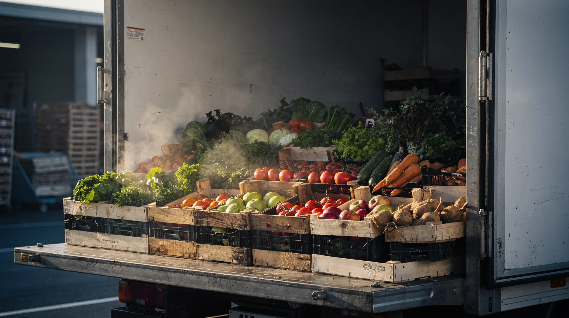 Crates of fresh produce sit at the open rear of a refrigerated truck at a supermarket loading dock.