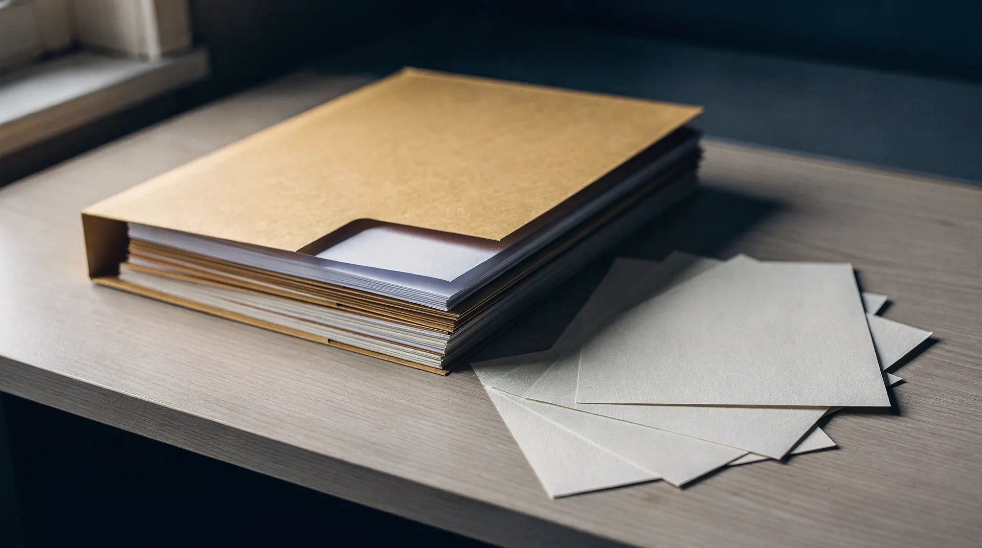 Unmarked folders and loose blank pages sit on a desk in warm side light.