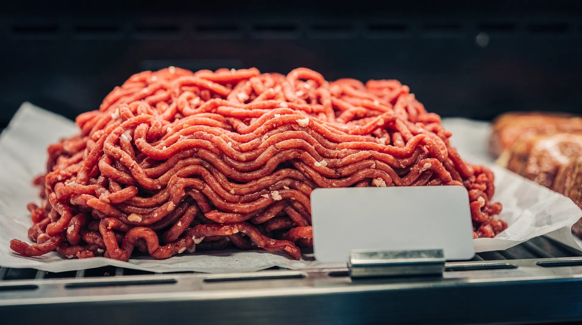 Fresh ground beef mounded in a lit butcher's display case with a blank price tag and soft chrome reflections