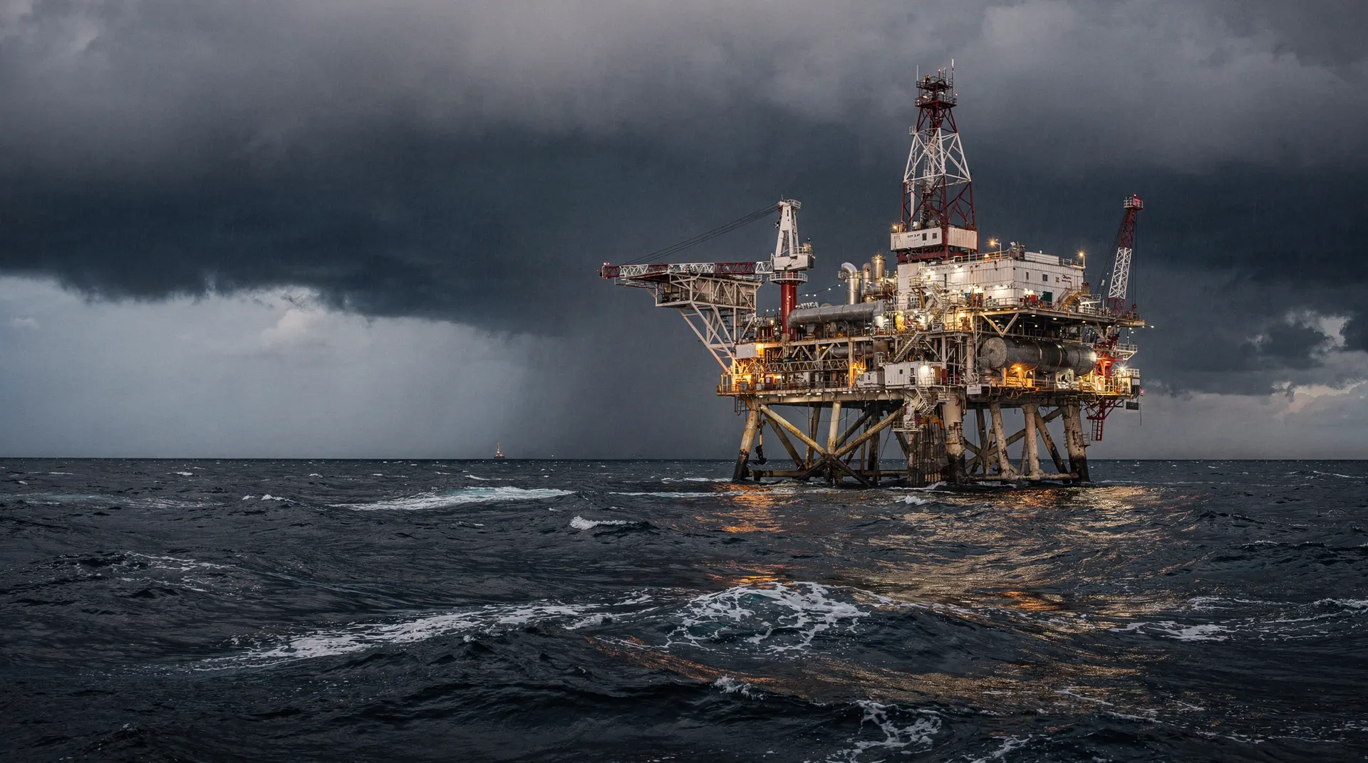 An offshore oil platform stands beneath dark storm clouds over choppy water.