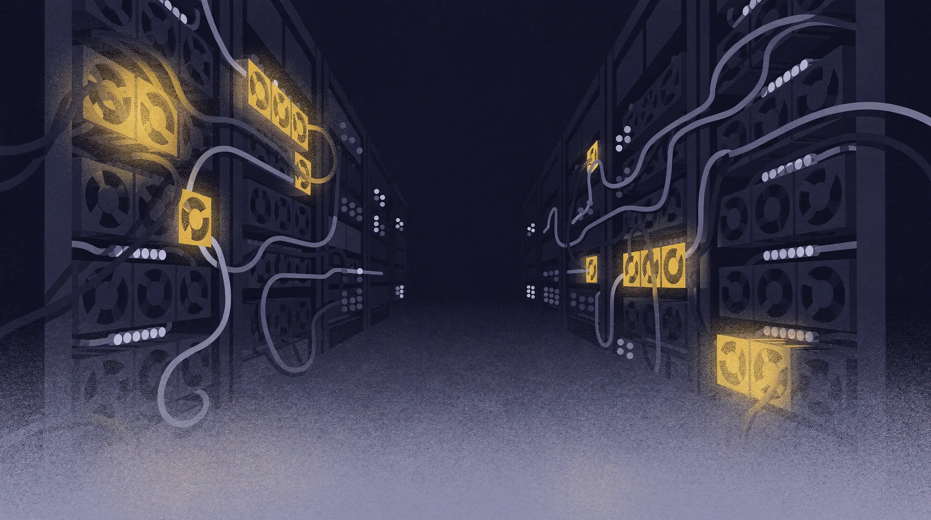 An illustration of a dark server room with glowing yellow components connected by wires, suggesting active data processing.
