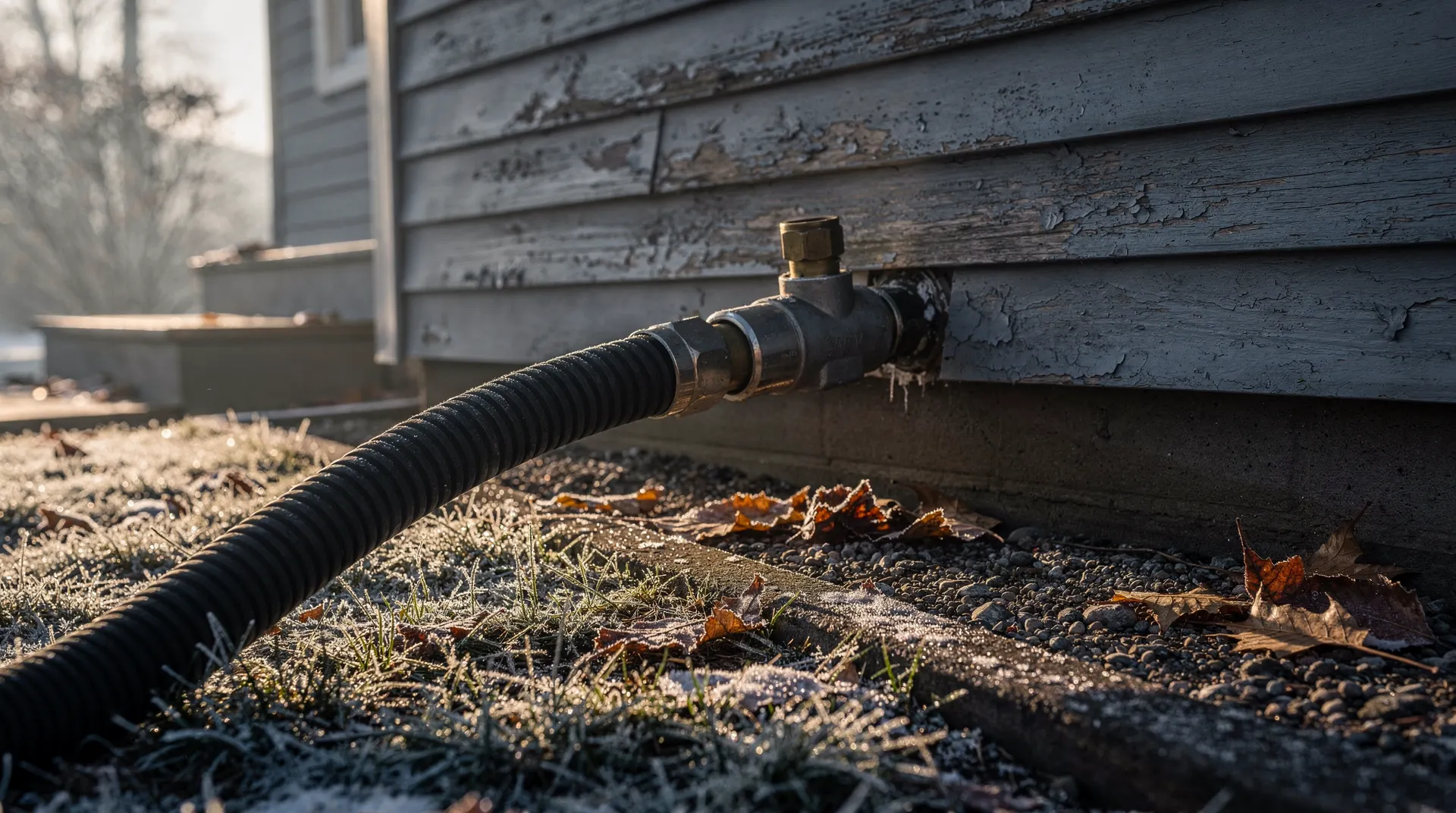 A heating-oil delivery nozzle sits in a home's exterior fill pipe beside fallen leaves and light frost.