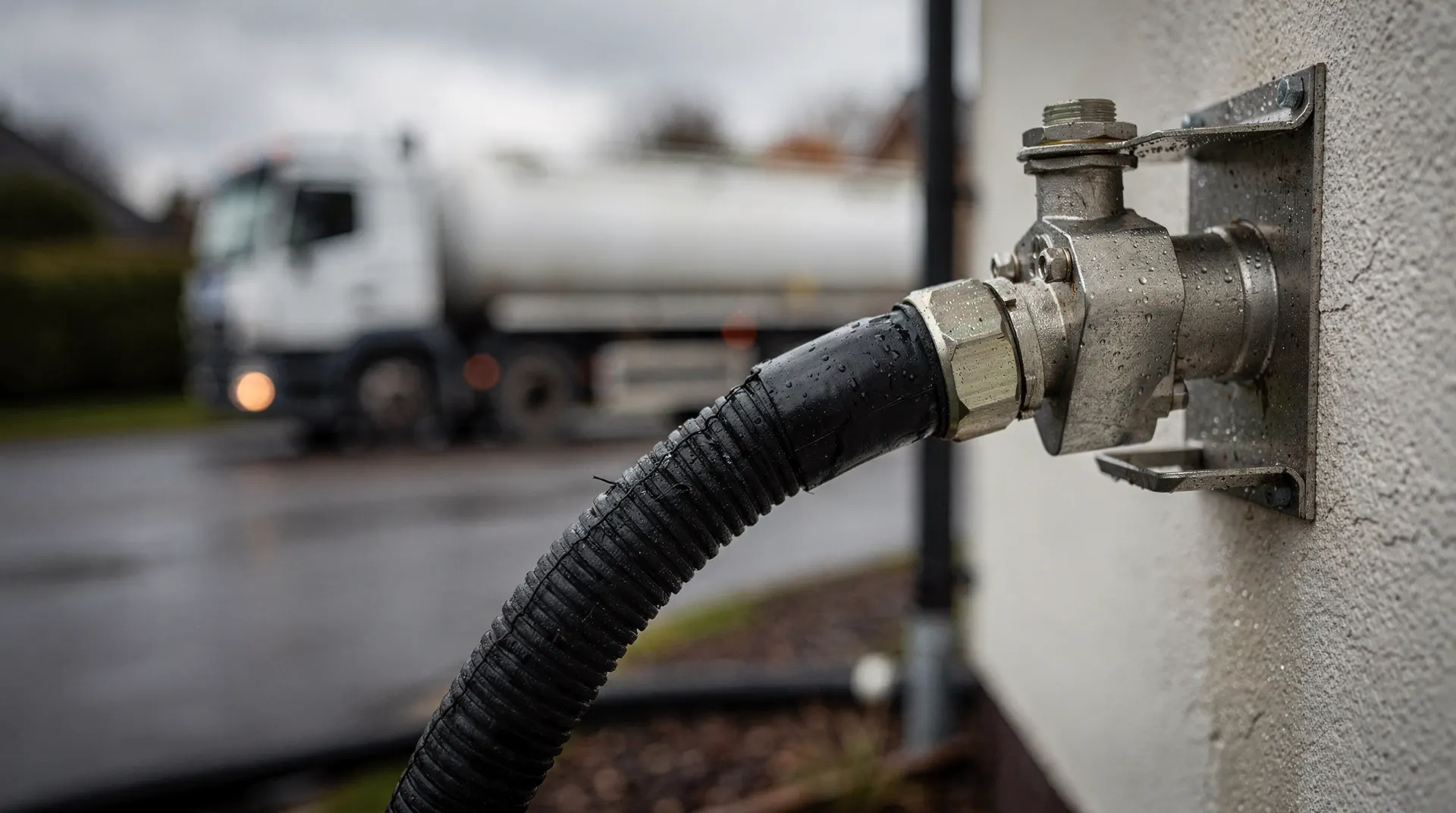 A heating-oil delivery hose connects to a house’s exterior fill pipe, with a truck blurred behind it.