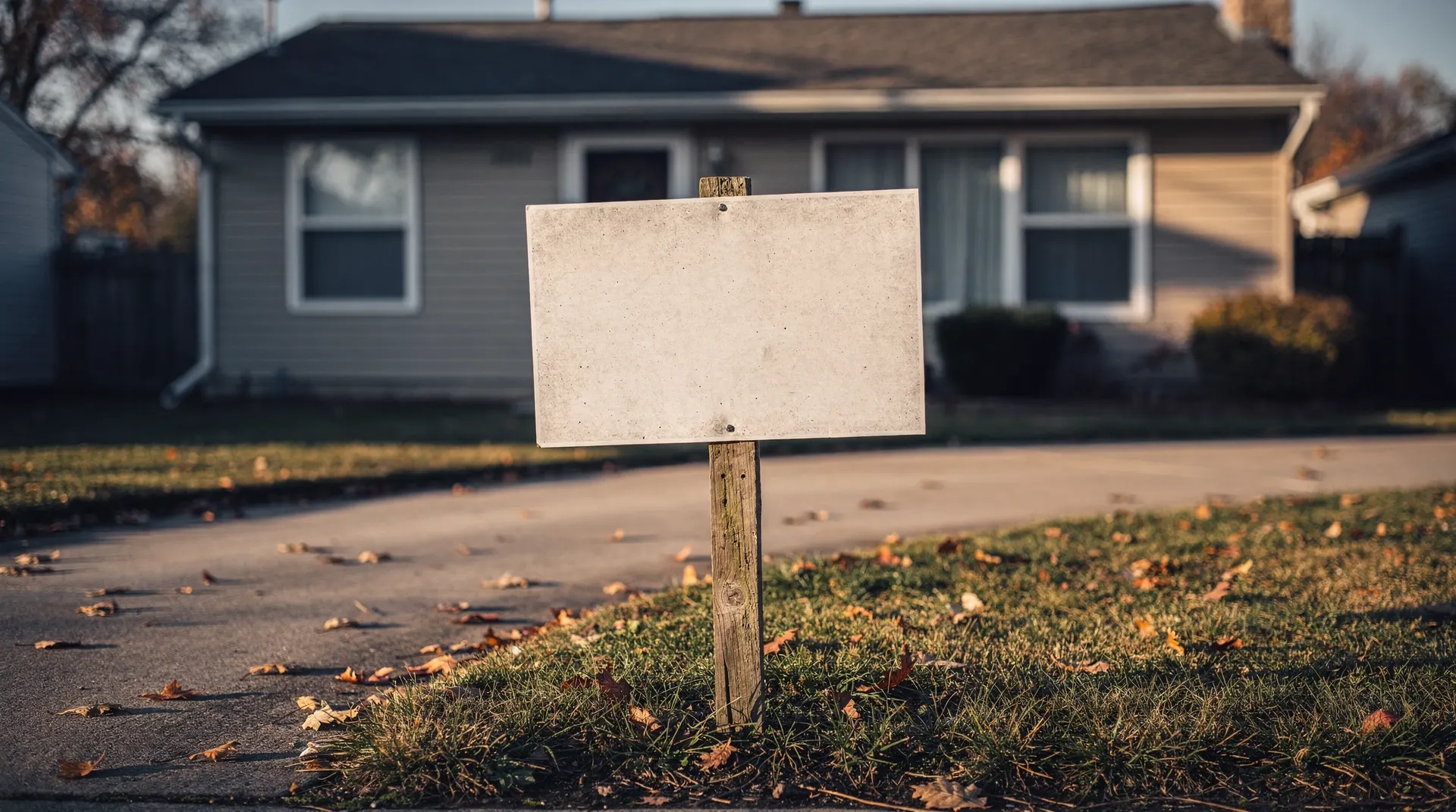 A blank real-estate yard sign stands outside a quiet suburban house with an empty driveway.