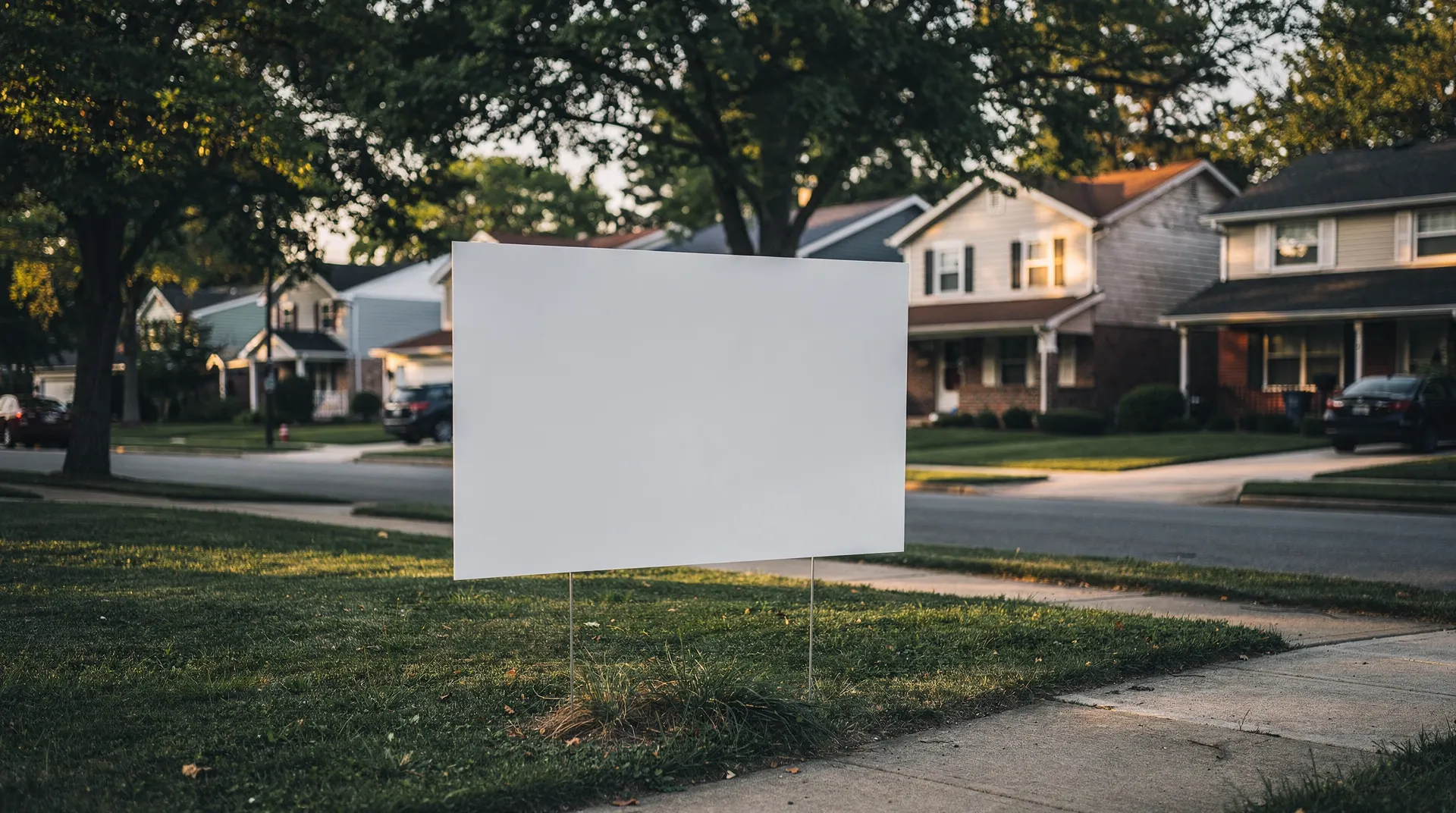 Single-family homes line a quiet suburban street behind a blank real-estate sign.