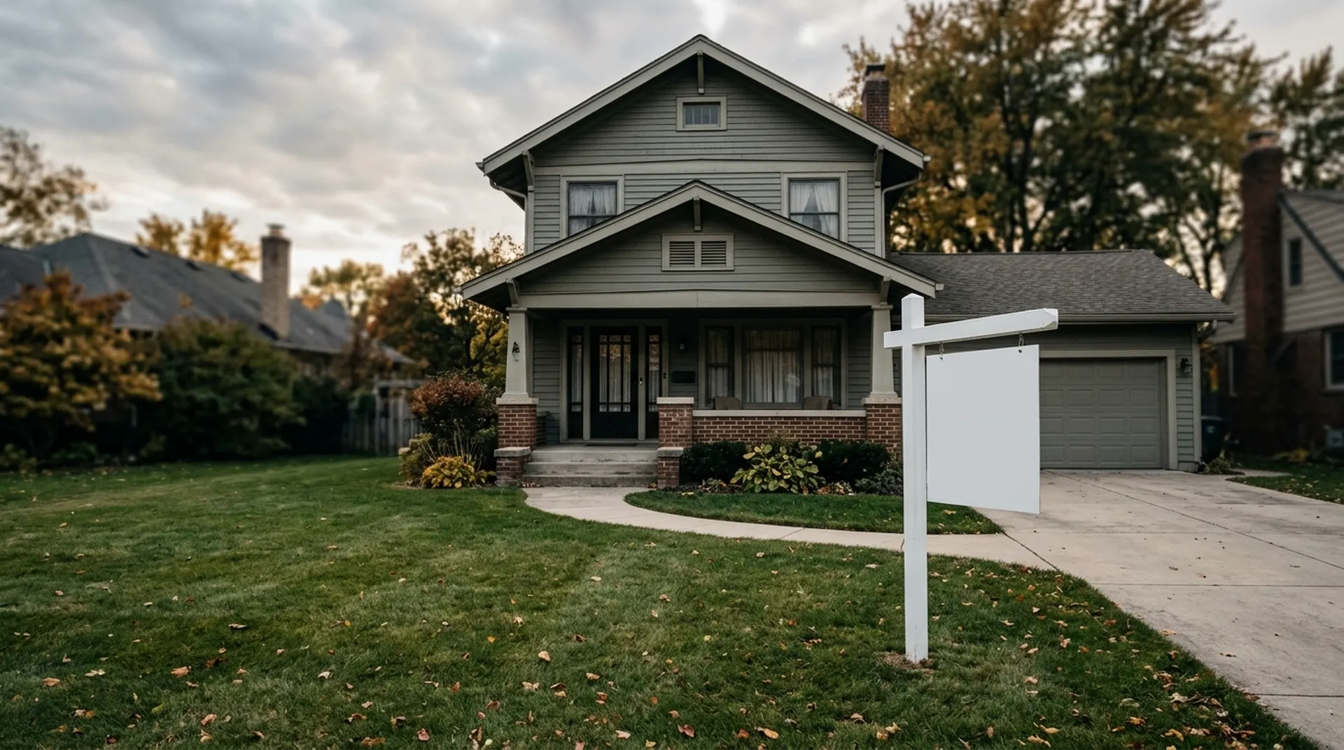 A blank real-estate sign stands outside a suburban house with an empty driveway.
