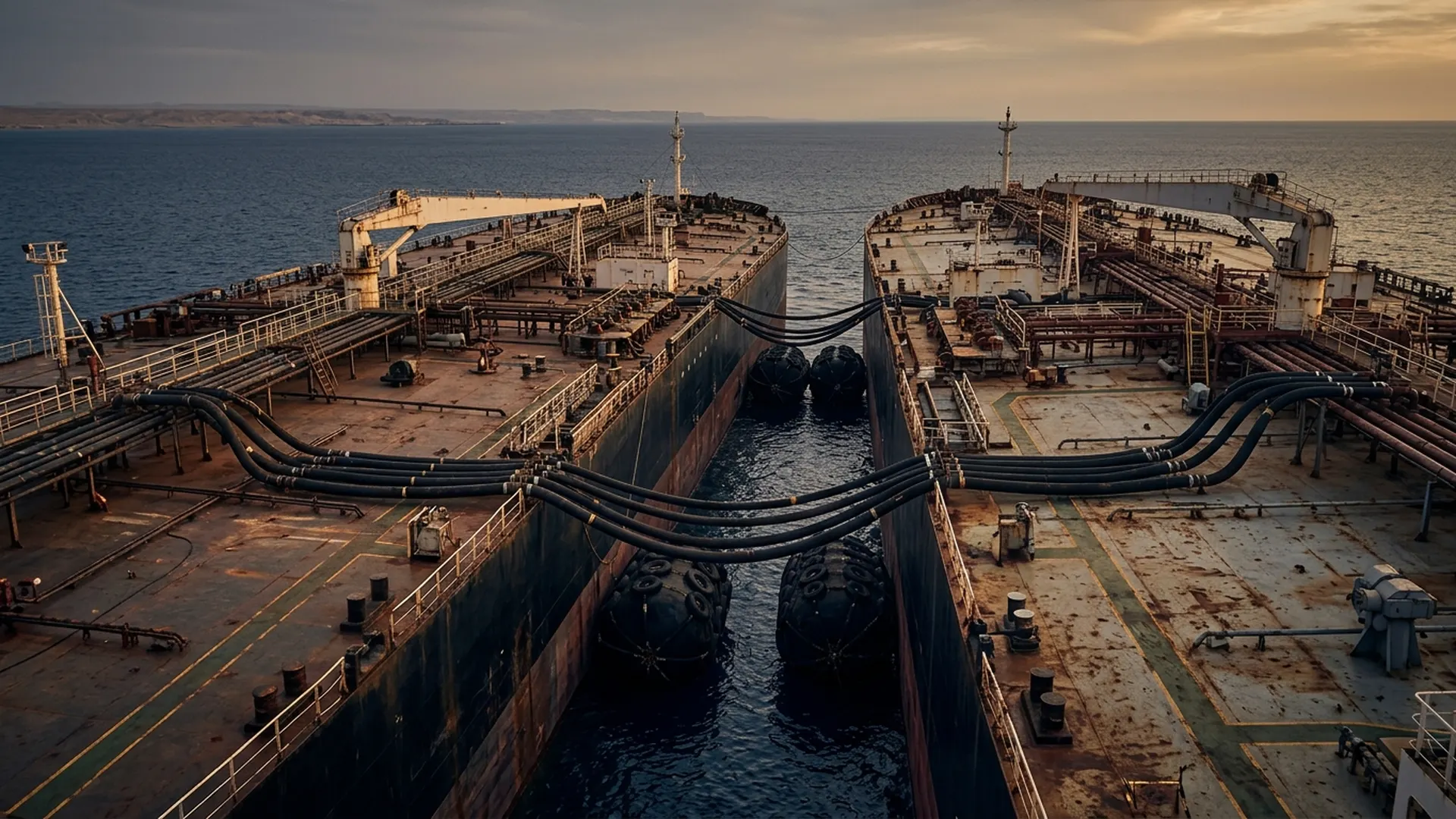 Two crude oil tankers lie alongside each other at sea, connected by transfer hoses at dusk.