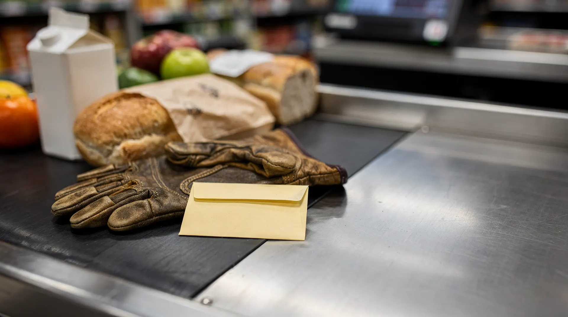 Worn work gloves and a plain envelope sit beside a small selection of groceries on a checkout counter.