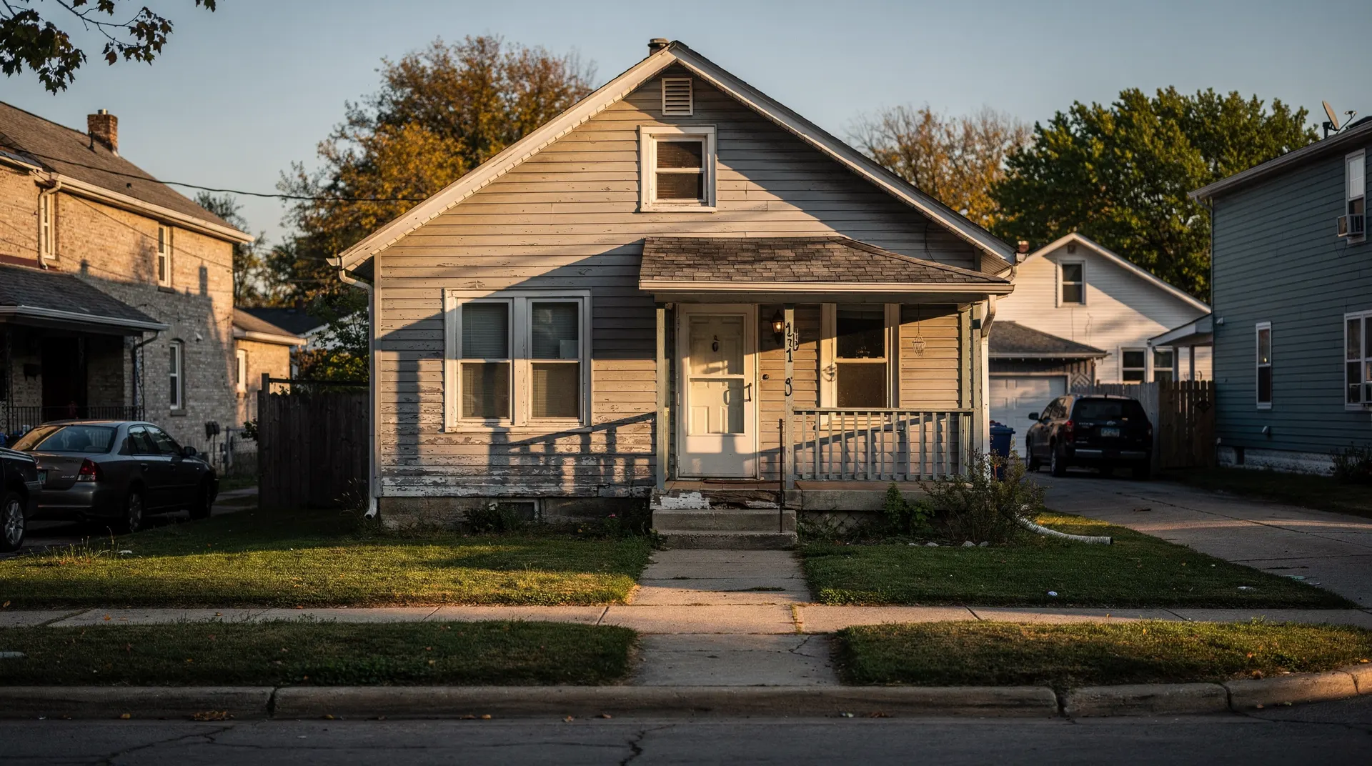 An existing house and blank yard sign stand along a quiet street, with another listed home in the distance.