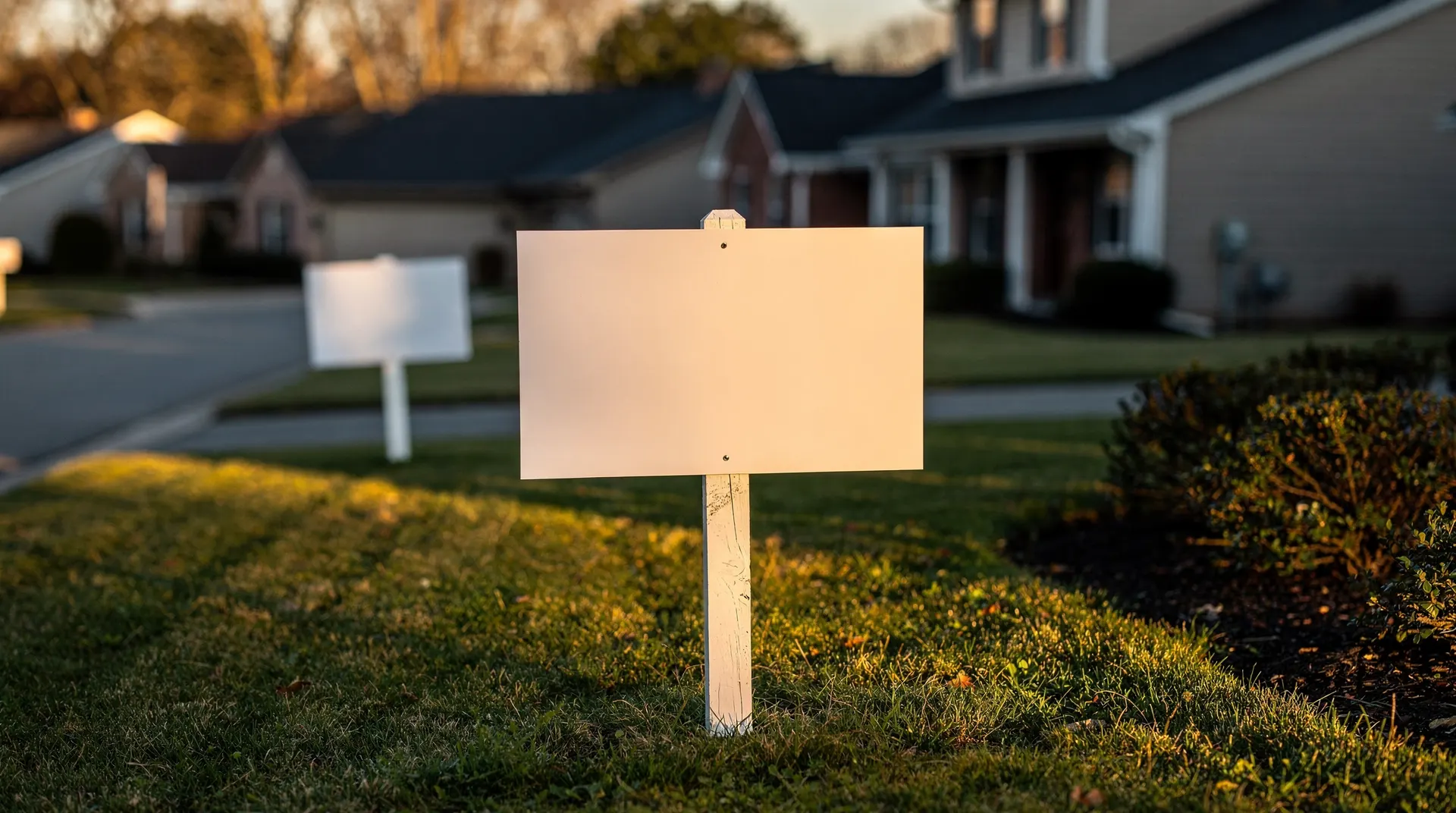 Golden-hour suburban street with a blank yard sign in a front lawn and houses receding into soft focus