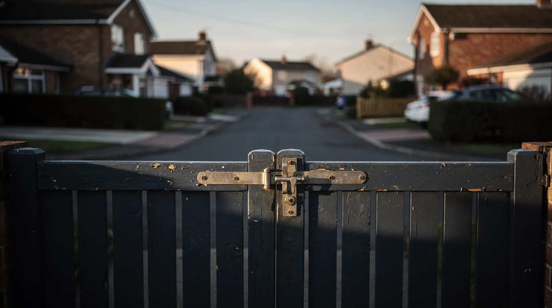A closed garden gate stands before a quiet street lined with suburban houses.