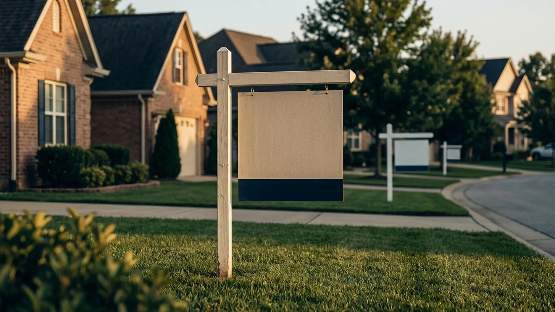 A blank real-estate sign stands outside a suburban house, with more signs visible down the quiet street.