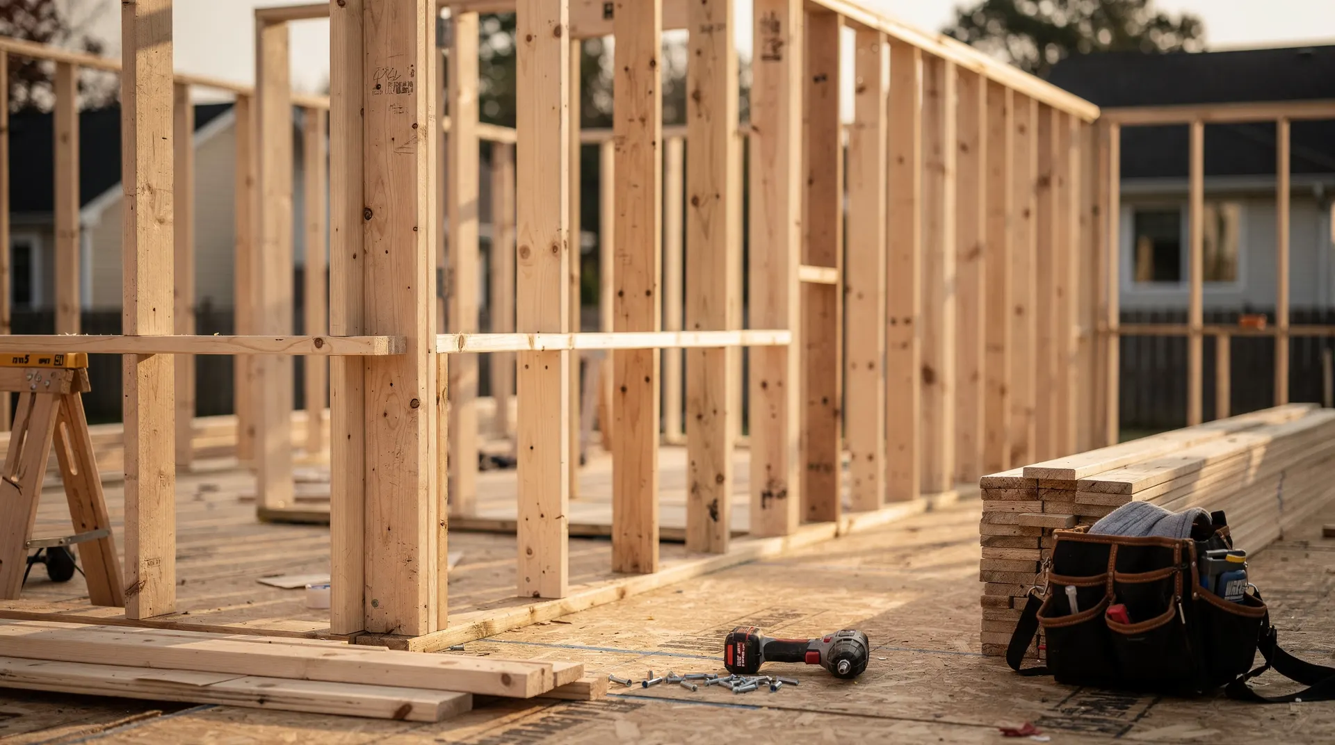 Wood house framing under construction at a residential building site