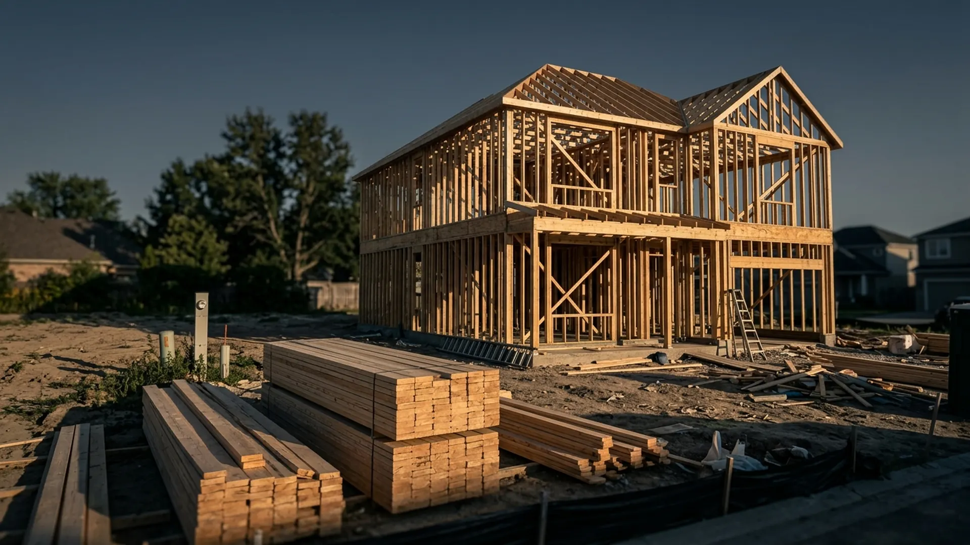 A framed single-family house stands beside an empty lot, with lumber stacked in the foreground.