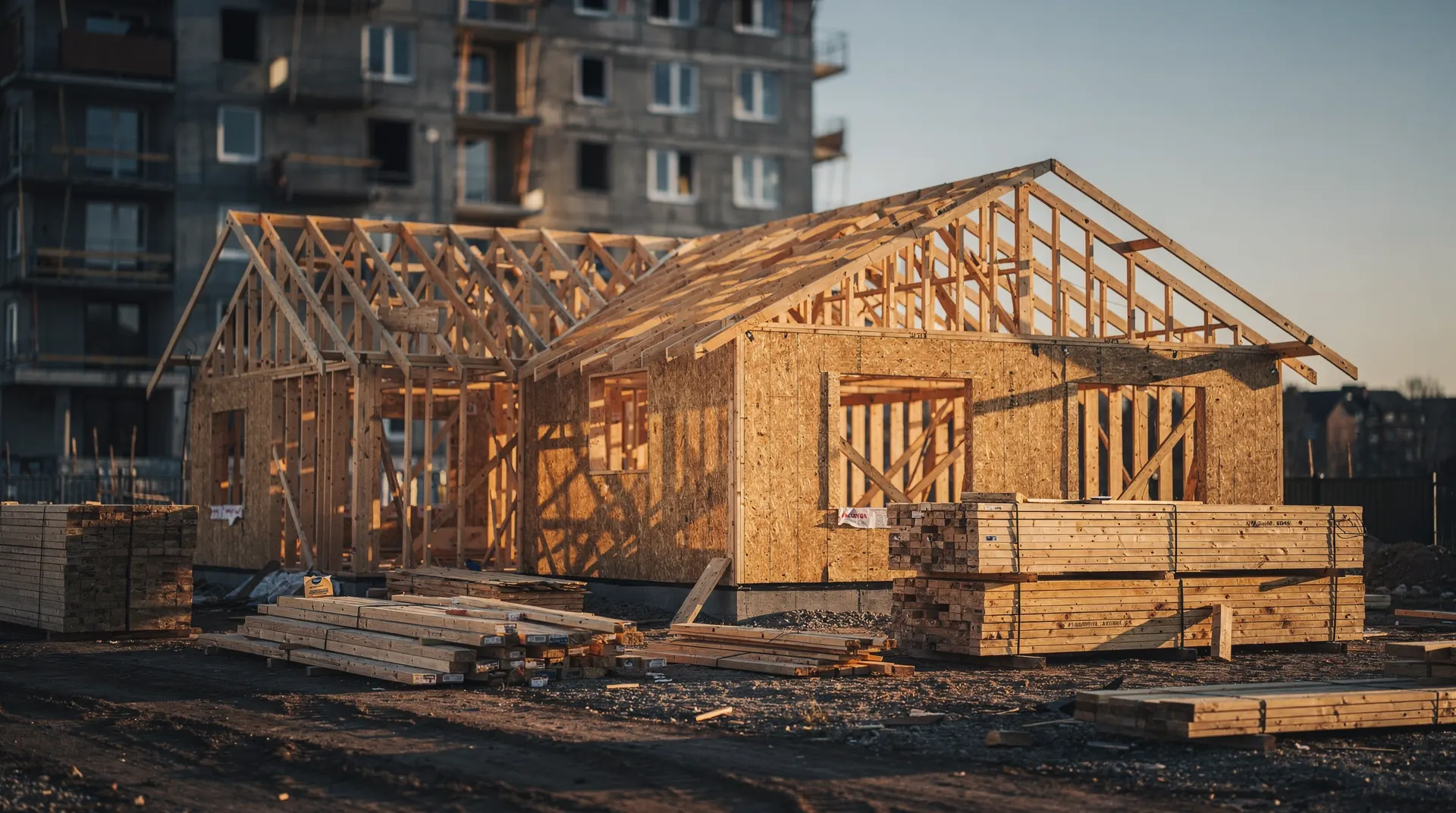 A wood-framed house under construction stands before a partially built apartment building.