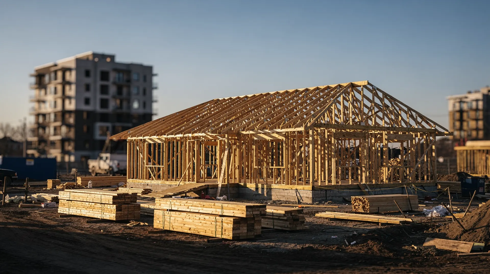 A timber-framed house and lumber stacks stand in the foreground, with an unfinished apartment building in the distance.