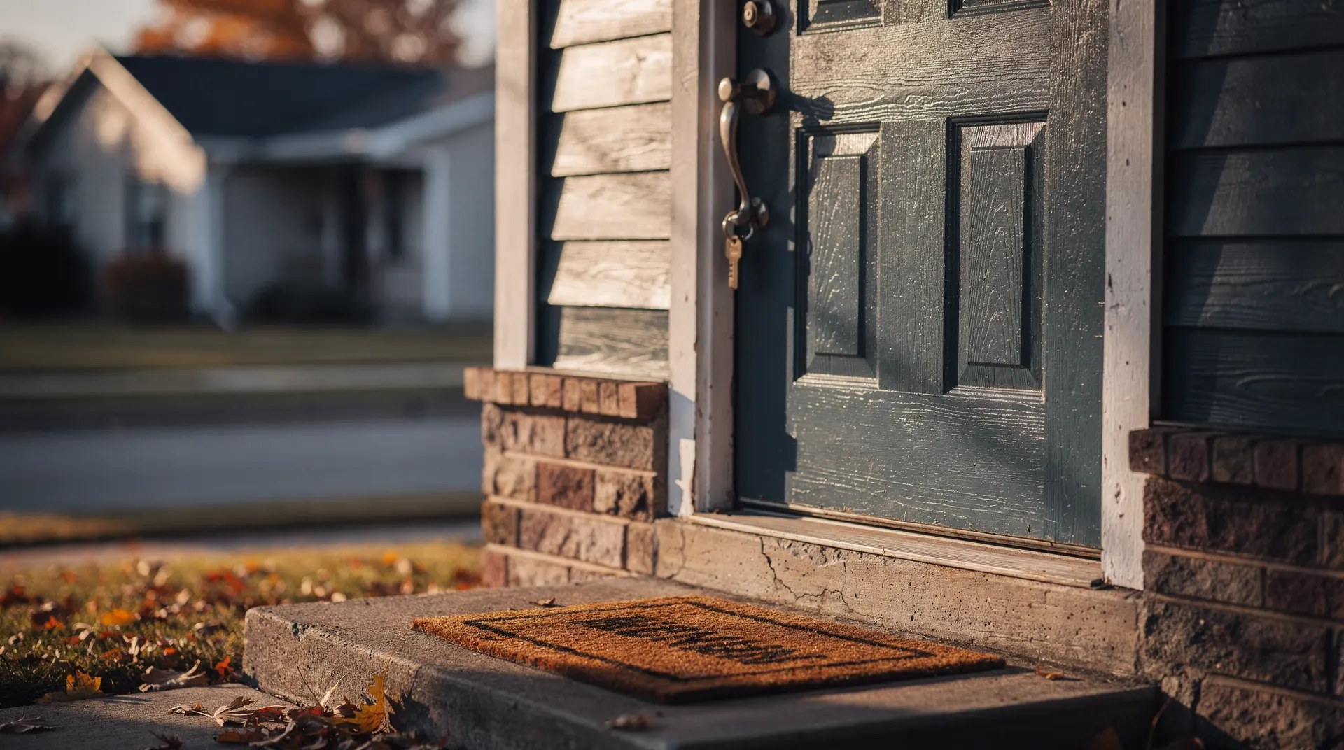 A keyring hangs from a suburban front door, with neighboring houses blurred in the background.