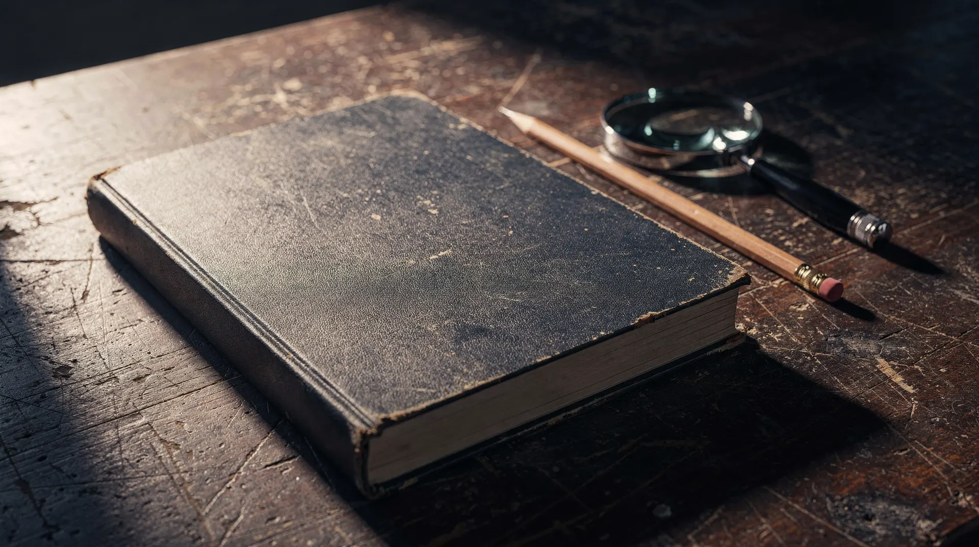 An unmarked bound ledger rests on a desk beside a pencil and magnifying glass.