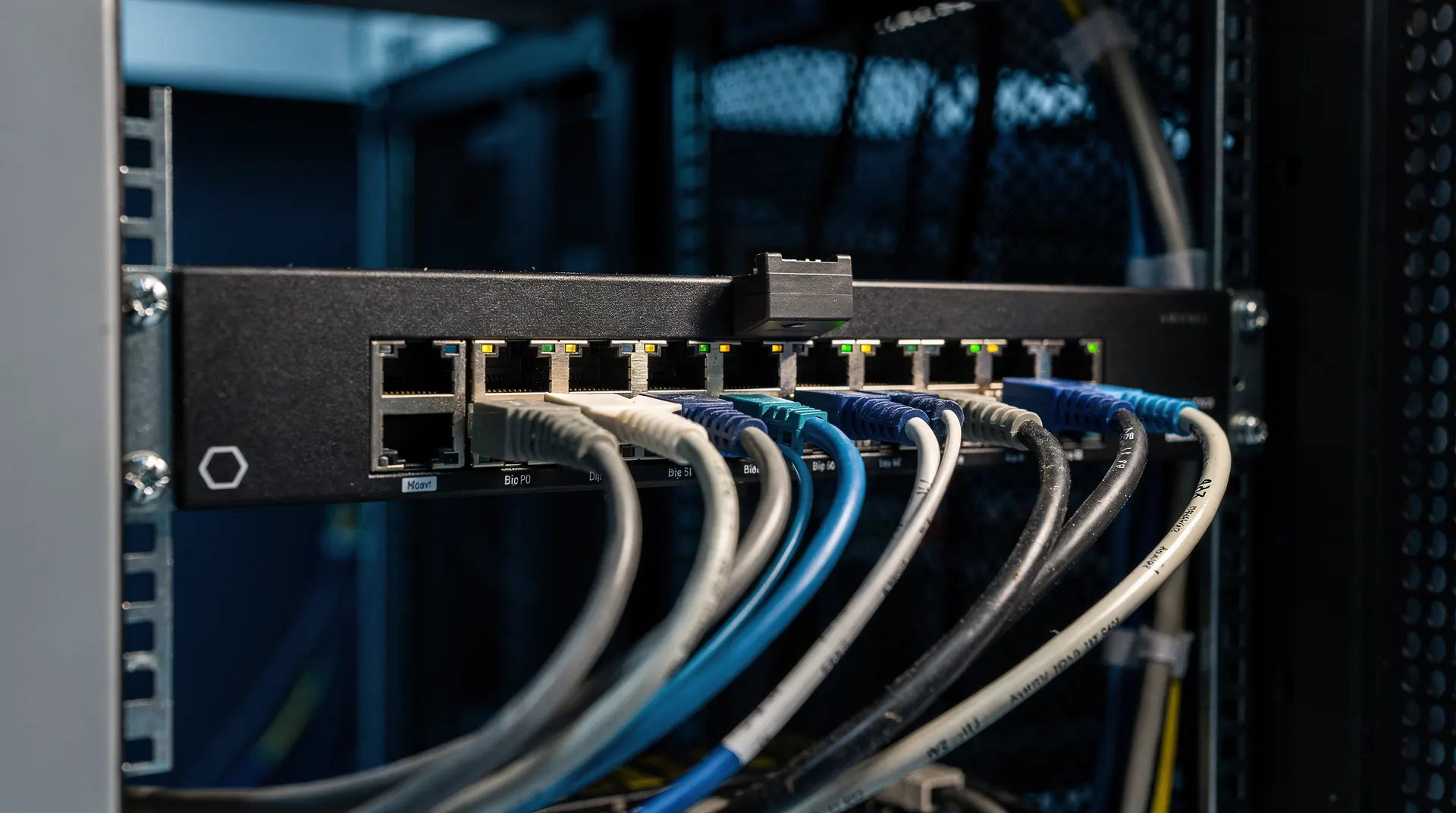 A data-center switch rack with fiber-optic cable connections in a dim AI server room