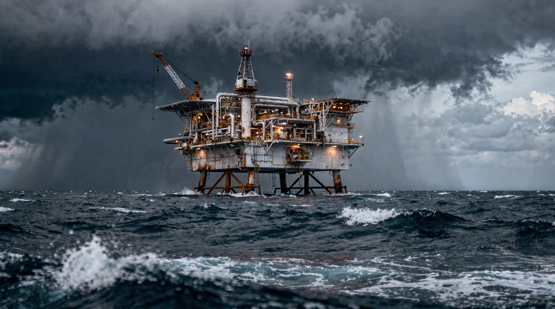 An offshore oil platform stands in choppy water beneath an approaching storm front.