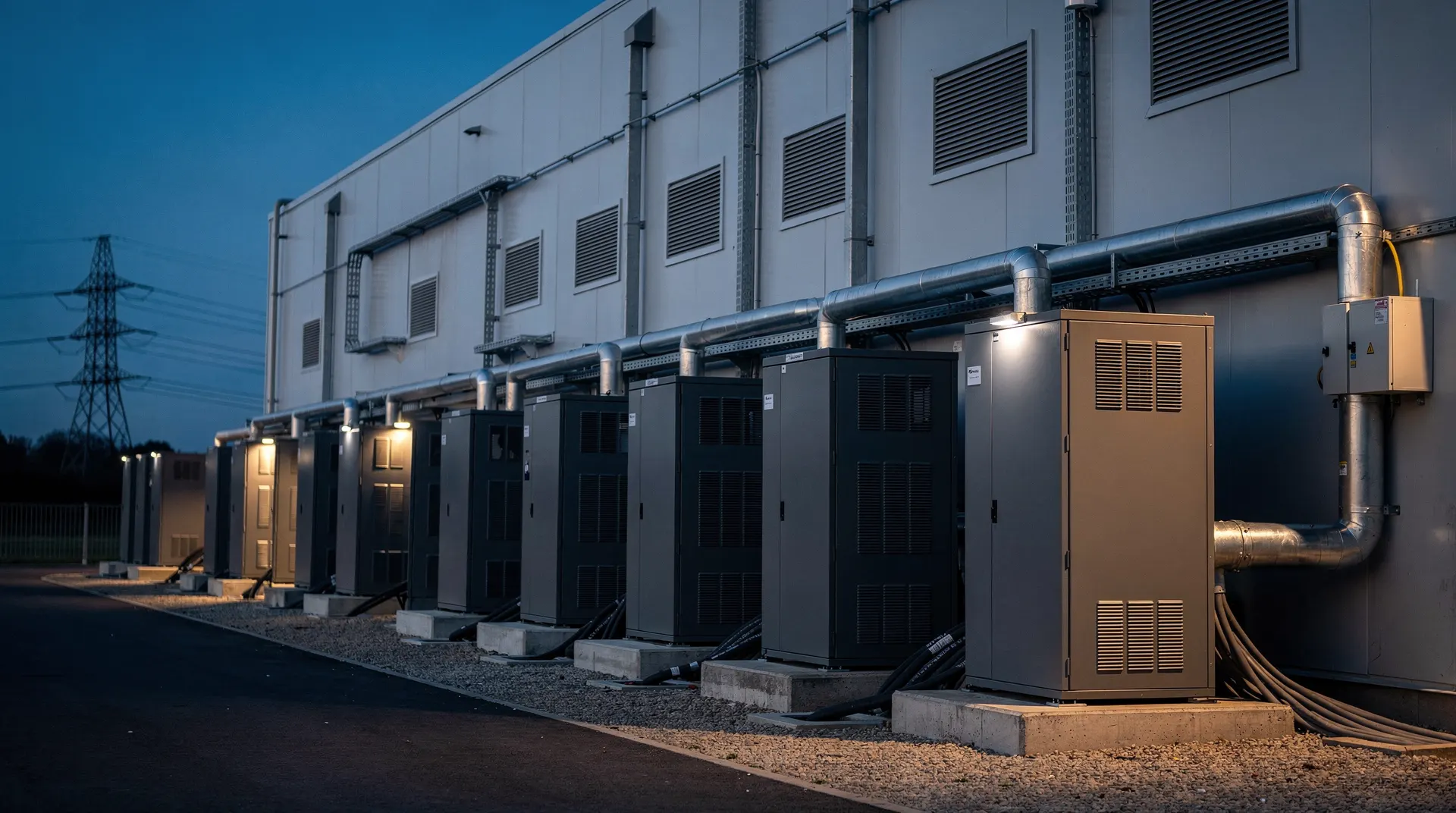 Rows of dark server cabinets recede down a data-center aisle beneath overhead cooling pipes.
