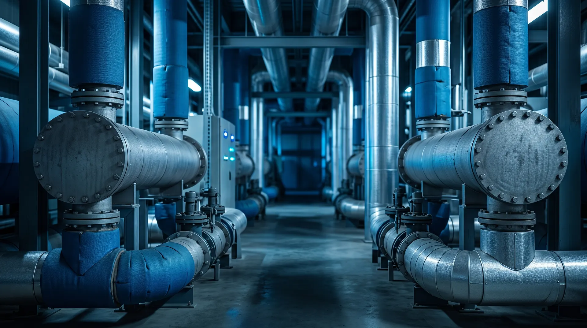 Datacenter cold aisle with server racks receding into blue bokeh, cyan LED indicators glowing softly