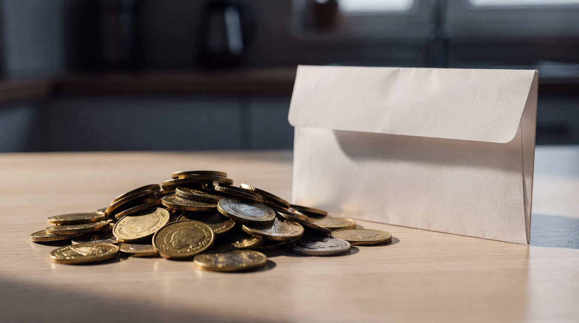 A small pile of coins rests beside a plain envelope on a sunlit kitchen table.